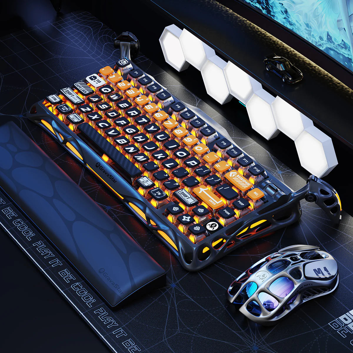GravaStar Ultimate Gaming Set in CyberFlare – Mercury K1 Pro 75% wireless mechanical keyboard (nano-textured aluminum alloy frame, glowing cybernetic branch accents, South-facing RGB) paired with Mercury X Pro 8KHz wireless mouse (PAW 3950, 49g magnesium alloy skeleton) and GravaStar Keyboard Wrist Rest Pad, featuring gasket-mounted FR4 plate.