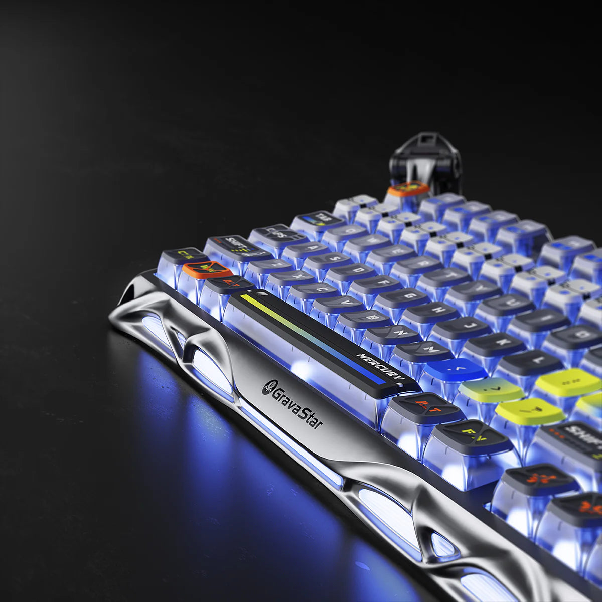GravaStar Ultimate Gaming Set in Interstellar Silver – Close-up of Mercury K1 Pro 75% wireless gaming keyboard featuring nano-textured aluminum alloy exoskeleton, South-facing RGB backlighting, GravaStar x Kailh linear switches, and gasket-mounted FR4 plate, paired with Mercury X Pro 8KHz magnesium mouse.