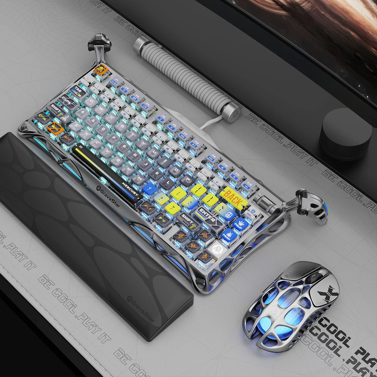 GravaStar Ultimate Gaming Set in Interstellar Silver, featuring Mercury K1 Pro 75% compact gaming keyboard (aluminum alloy frame with nano-textured surface, South-facing RGB backlighting) paired with Mercury X Pro 8KHz wireless mouse (PAW 3950 sensor, 49g magnesium alloy hollow skeleton), displayed with a GravaStar Keyboard Wrist Rest Pad and Coiled Aviator Cable.