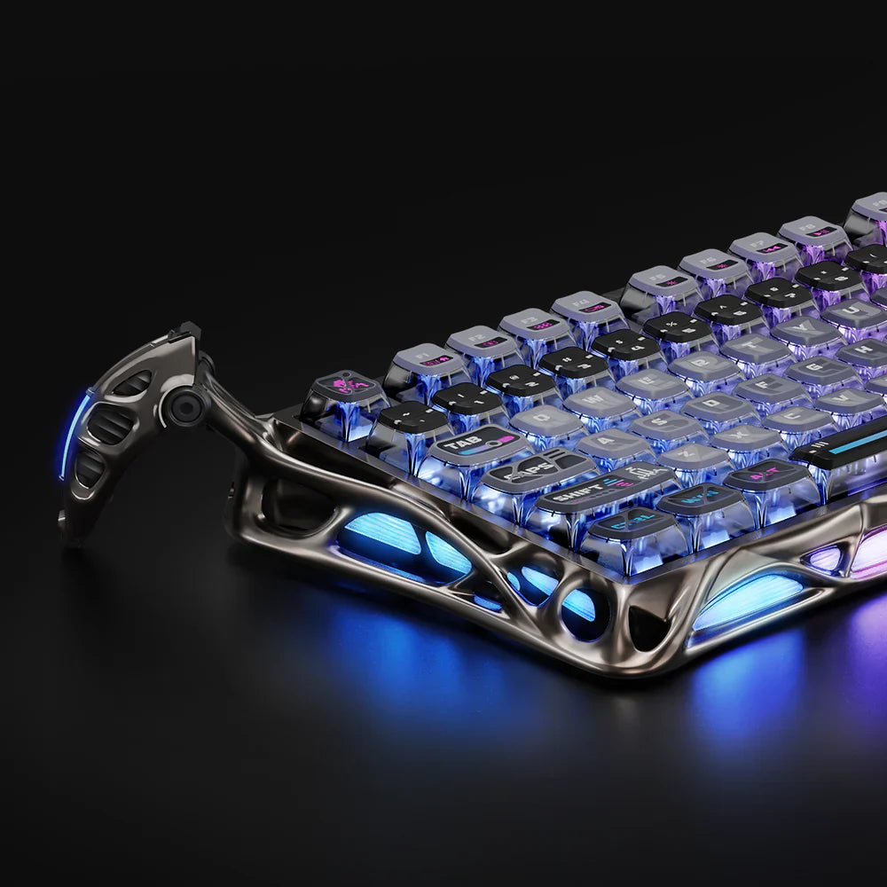 GravaStar Mercury K1 Pro Special Edition Cyberpunk – Close-up of left keycaps and aluminum skeletal frame, 75% wireless mechanical gaming keyboard with Kailh Speedy Mint linear switches, Gasket mount, and dual RGB backlight.
