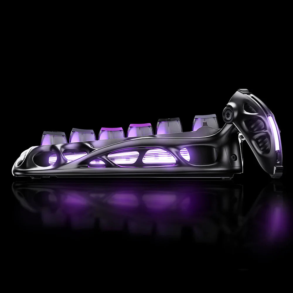 GravaStar Mercury K1 Pro Special Edition Cyberpunk – Side profile view of aluminum alloy skeletal frame, 75% wireless mechanical gaming keyboard with Kailh Speedy Mint linear switches, Gasket mount, and side RGB ambient light.