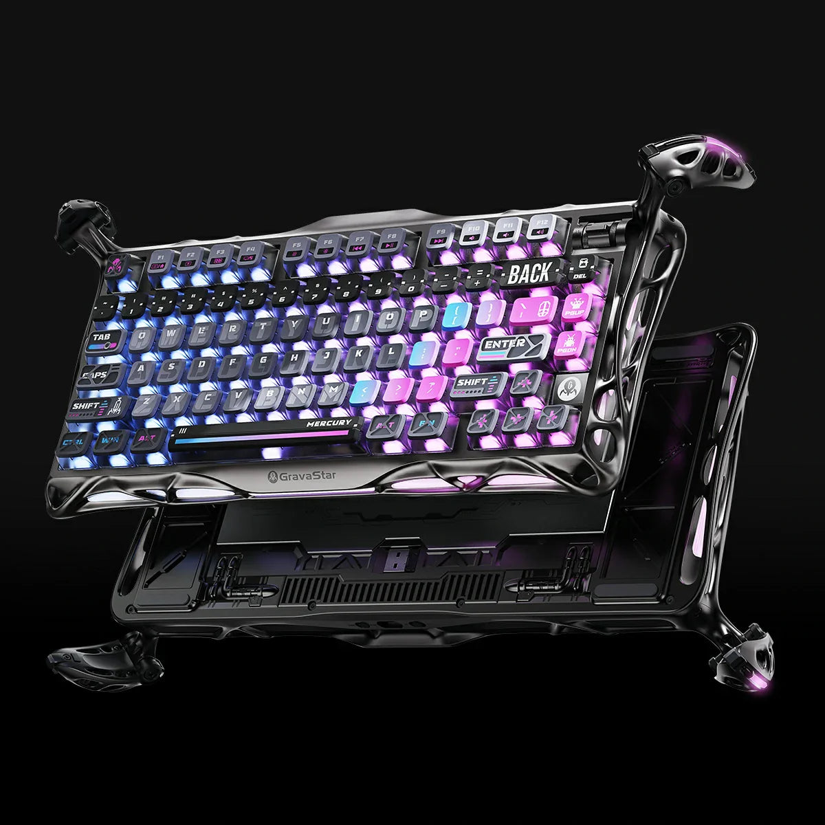 GravaStar Mercury K1 Pro Special Edition Cyberpunk – Angled standing view of 75% wireless mechanical gaming keyboard with aluminum skeletal frame, Kailh Speedy Mint linear switches, pudding PBT keycaps, and dual RGB backlight.