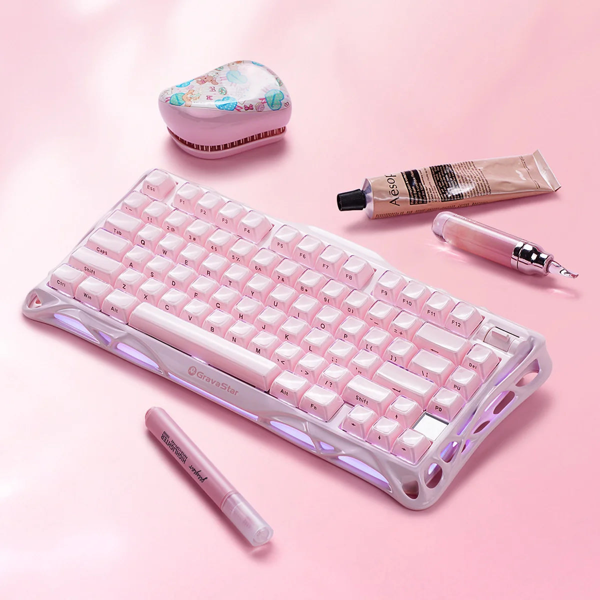 GravaStar Mercury K1 Special Edition Sakura Pink – 75% wireless mechanical gaming keyboard with aluminum alloy exoskeleton, hot-swap linear switches, Gasket mount, and soft RGB backlighting, styled in a cute aesthetic desk setup with Sakura Pink mouse.