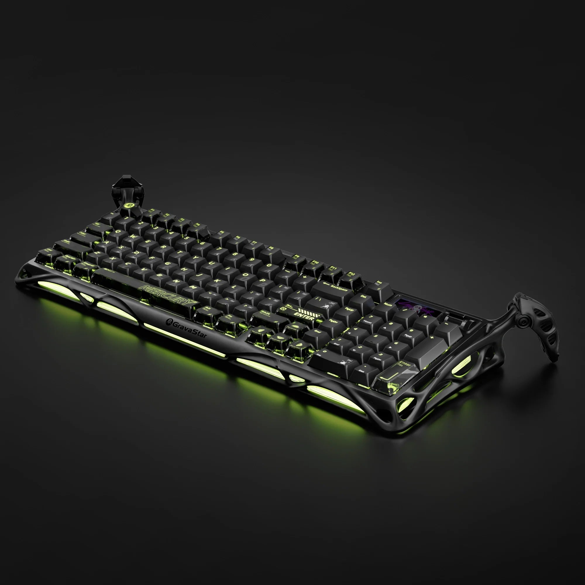 GravaStar Mercury K98 Pro Phantom Black 98% mechanical gaming keyboard side view – Highlighting glossy aluminum alloy exoskeleton, 1.65” TFT smart display, dual 8KHz polling rate, custom UFO switches, and ARGB lighting, perfect paired with Mercury M1 Pro mouse and Mars Pro speaker.