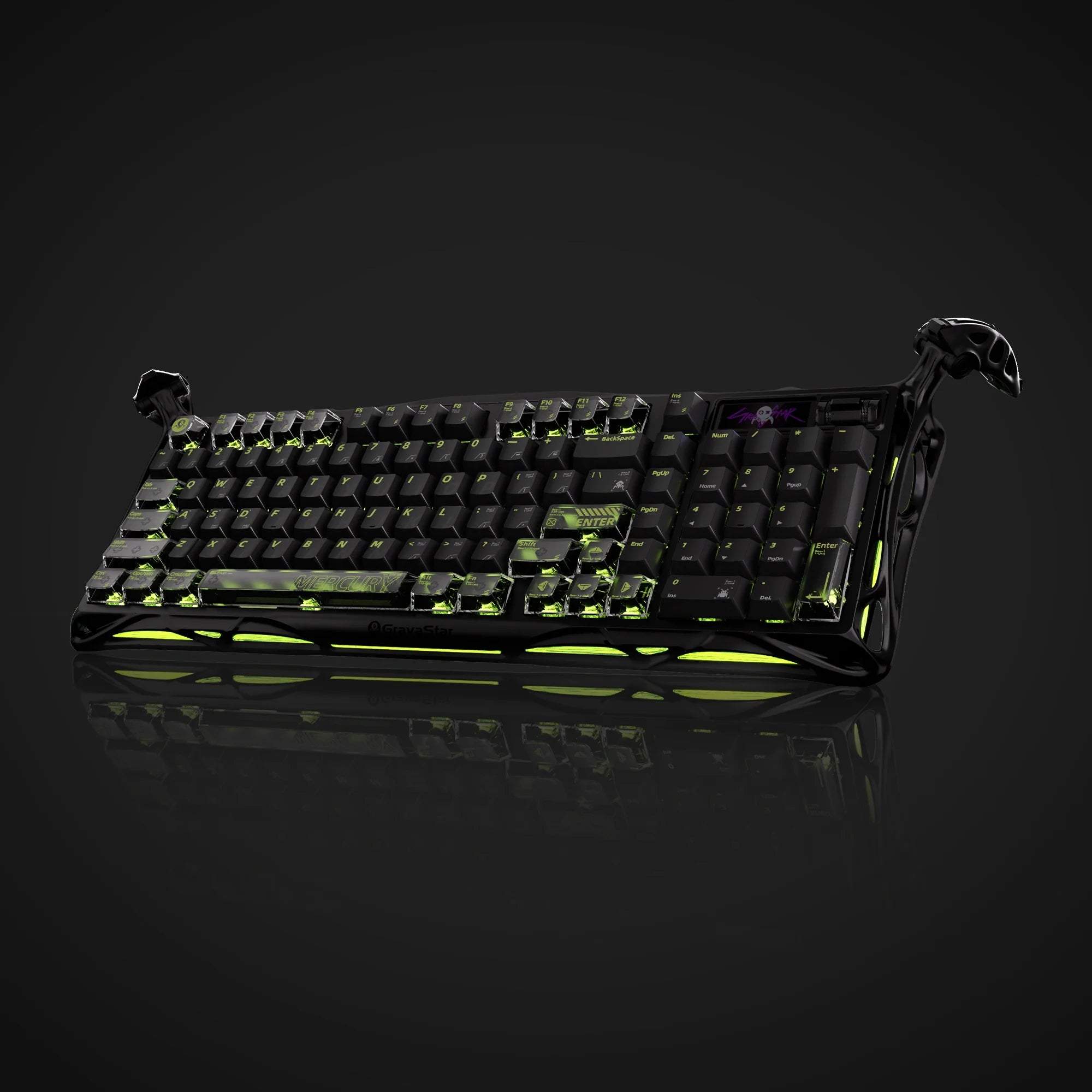 GravaStar Mercury K98 Pro Phantom Black 98% mechanical gaming keyboard low-angle profile view – Highlighting glossy aluminum alloy exoskeleton, dual 8KHz polling rate, custom UFO switches, and ambient ARGB side lighting, perfect paired with Mercury M1 Pro mouse and Mars Pro speaker.
