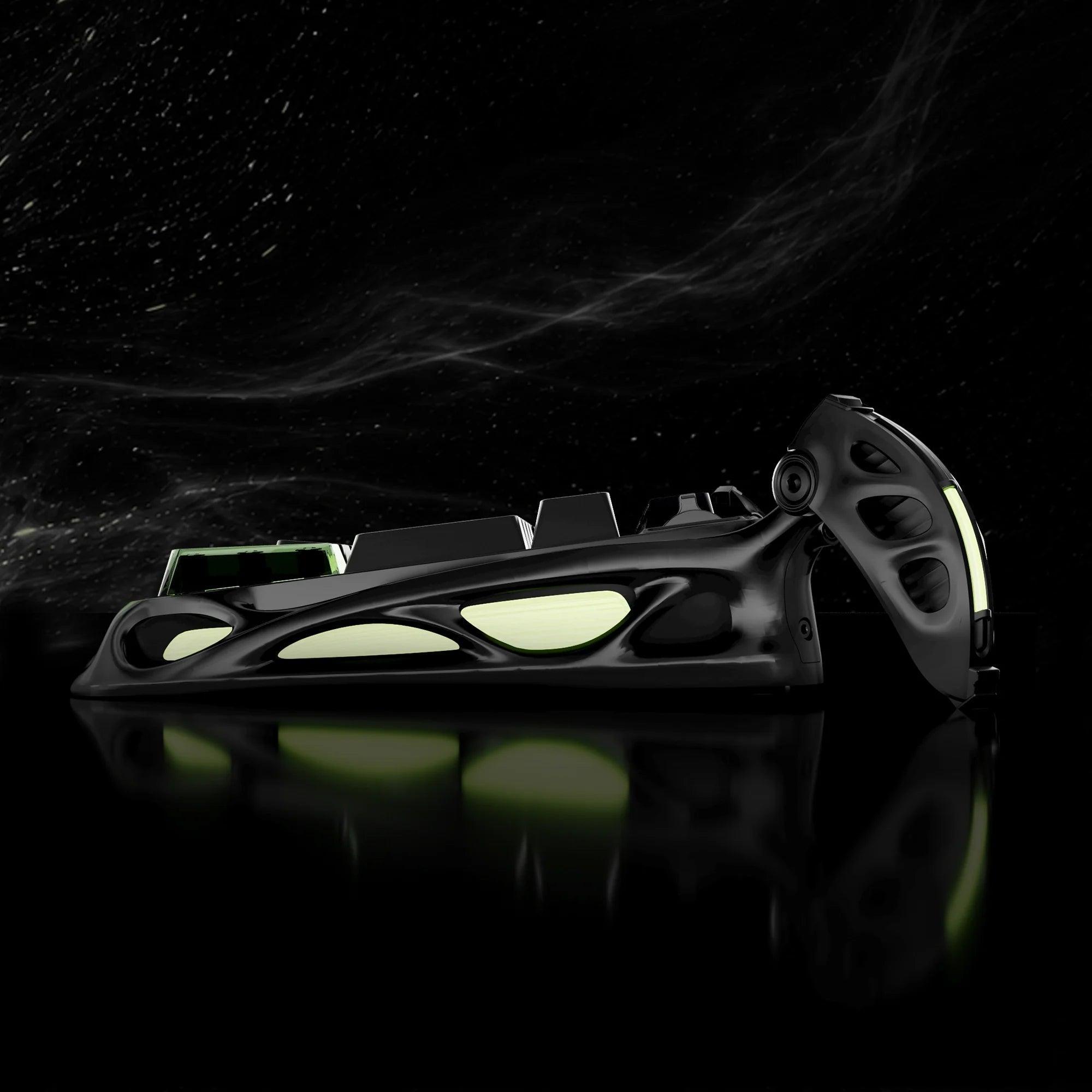 GravaStar Mercury K98 Pro Phantom Black 98% mechanical gaming keyboard side profile view – Highlighting glossy aluminum alloy exoskeleton, ambient ARGB side lighting, dual 8KHz polling rate, and custom UFO switches, perfect paired with Mercury M1 Pro mouse and Mars Pro speaker.