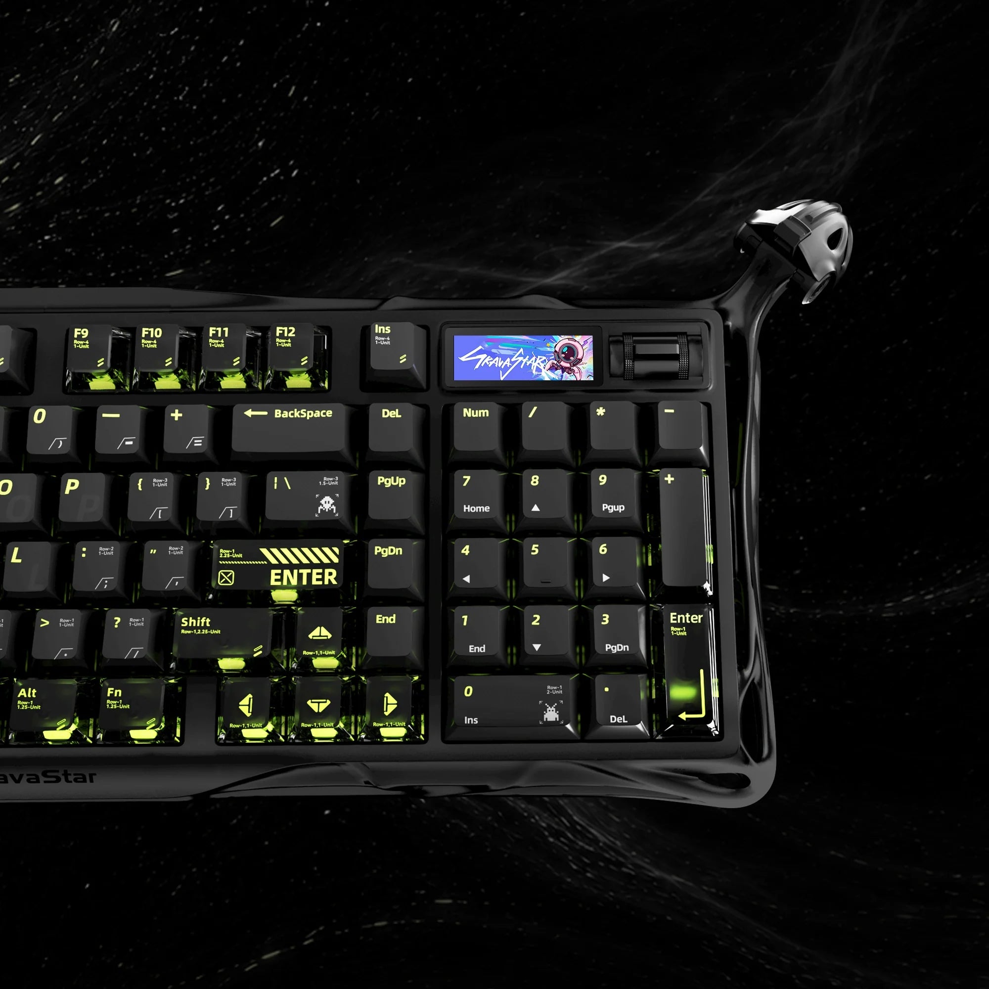 GravaStar Mercury K98 Pro Phantom Black 98% mechanical gaming keyboard close-up – Highlighting 1.65” TFT color display, rotary knob, custom UFO mechanical switches, dual 8KHz polling rate, and ARGB backlighting, perfect paired with Mercury M1 Pro mouse and Mars Pro speaker.