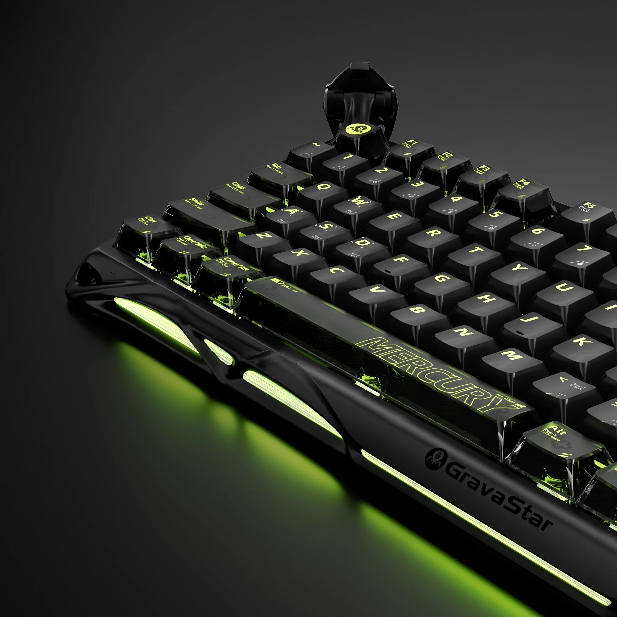 GravaStar Mercury K98 Pro Phantom Black 98% mechanical gaming keyboard macro view – Highlighting glossy aluminum alloy exoskeleton, ambient ARGB side lighting, custom UFO mechanical switches, and dual 8KHz polling rate, perfect paired with Mercury M1 Pro mouse and Mars Pro speaker.