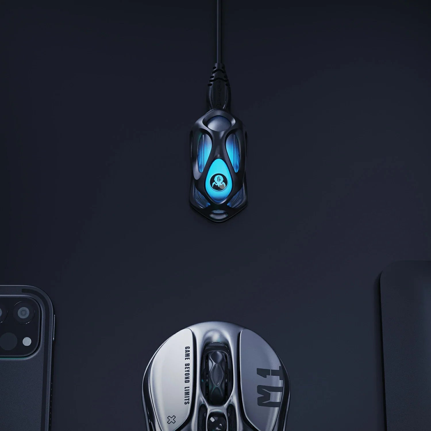 GravaStar Mercury M1 Pro 4K wireless dongle desktop setup view paired with Mercury M1 Pro Battle-Worn Silver Mist gaming mouse featuring 4000Hz polling rate performance, hollowed mecha frame, and ice blue RGB lighting, perfect paired with Mercury K1 Pro Cyberpunk keyboard.