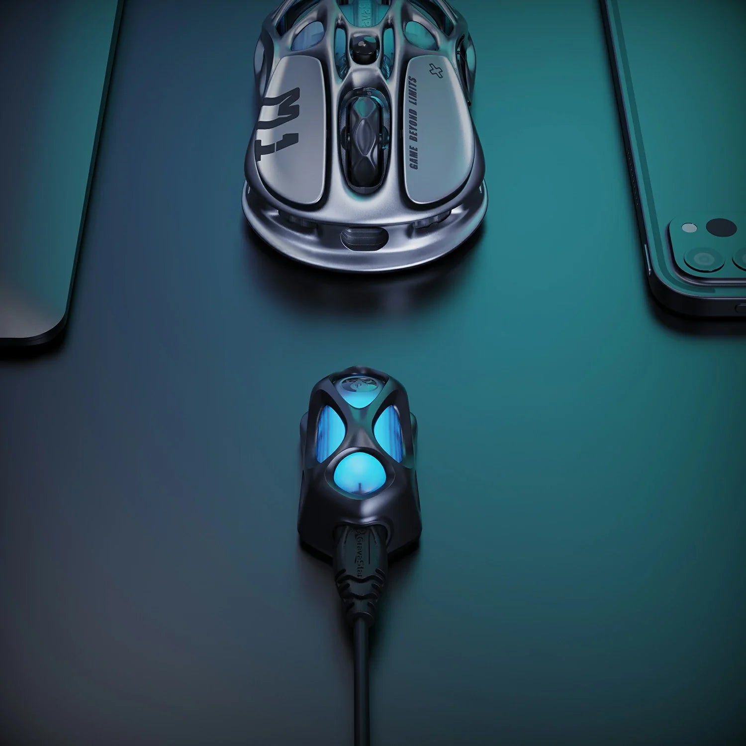 GravaStar Mercury M1 Pro 4K wireless dongle desktop vertical setup view paired with Mercury M1 Pro Gunmetal Gray gaming mouse featuring 4000Hz polling rate performance, hollowed mecha frame, and ice blue RGB lighting, perfect paired with Mercury K1 Pro Cyberpunk keyboard.