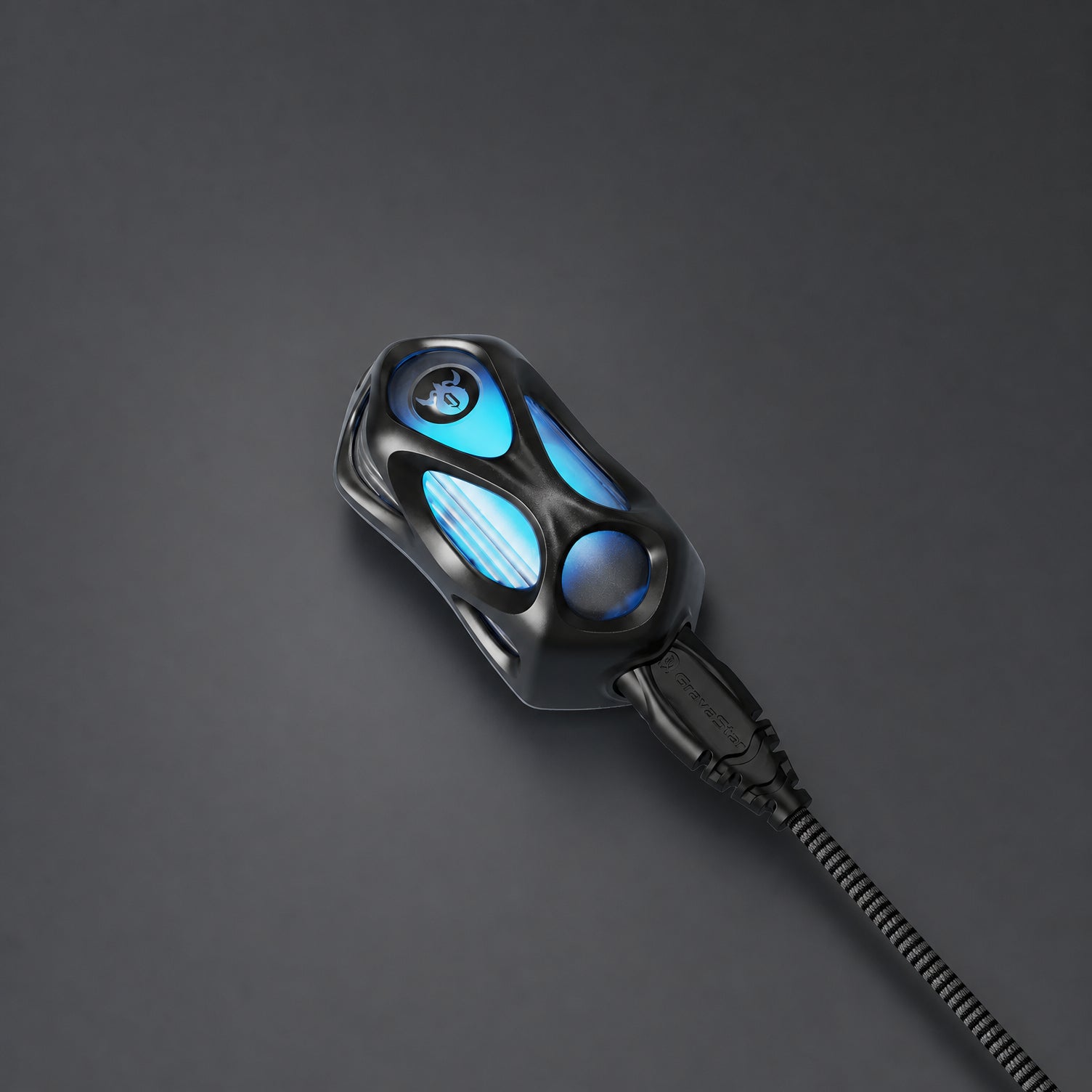 GravaStar Mercury M1 Pro 4K wireless dongle gunmetal studio cable-connected view featuring 4000Hz polling rate performance, hollowed mecha frame, and ice blue RGB lighting, perfect paired with Mercury M1 Pro Gunmetal Gray mouse and Mercury K1 Pro Cyberpunk keyboard.