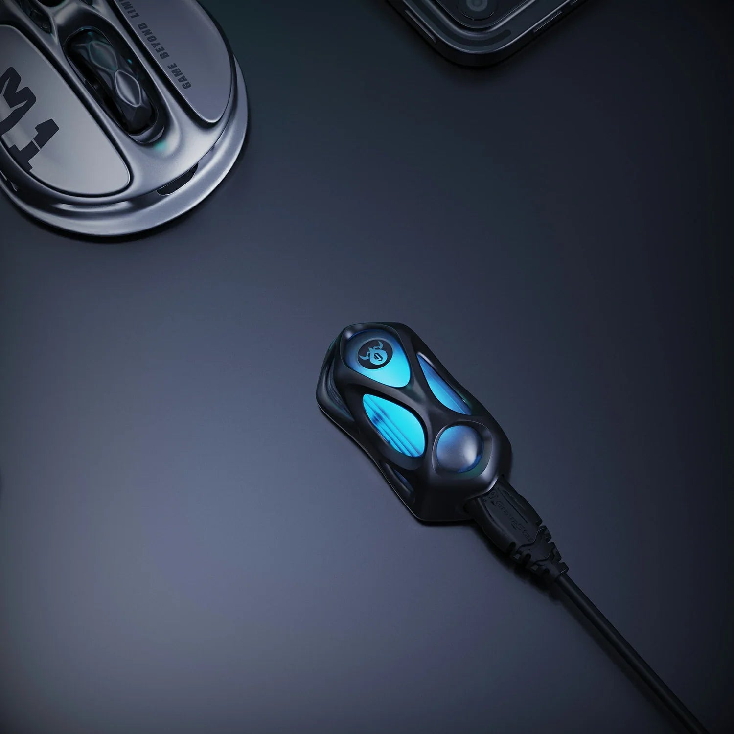 GravaStar Mercury M1 Pro 4K wireless dongle studio diagonal setup view paired with Mercury M1 Pro Gunmetal Gray gaming mouse featuring 4000Hz polling rate performance, hollowed mecha frame, and ice blue RGB lighting, perfect paired with Mercury K1 Pro Cyberpunk keyboard.