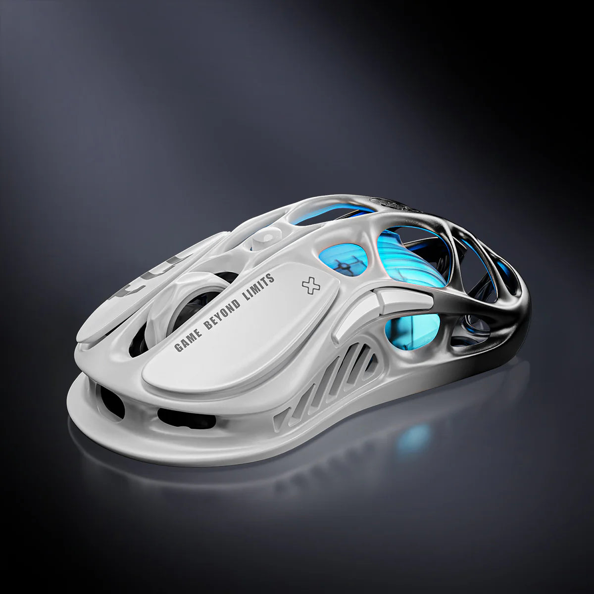 GravaStar Mercury M1 Pro Gradient Black wireless gaming mouse featuring magnesium alloy skeletal frame, PAW3395 26K DPI sensor, Omron 50M micro-switches, 4KHz polling rate ready, and ice blue RGB lighting, perfect paired with Mercury K1 Gradient Black keyboard and Mars Pro Black speaker.