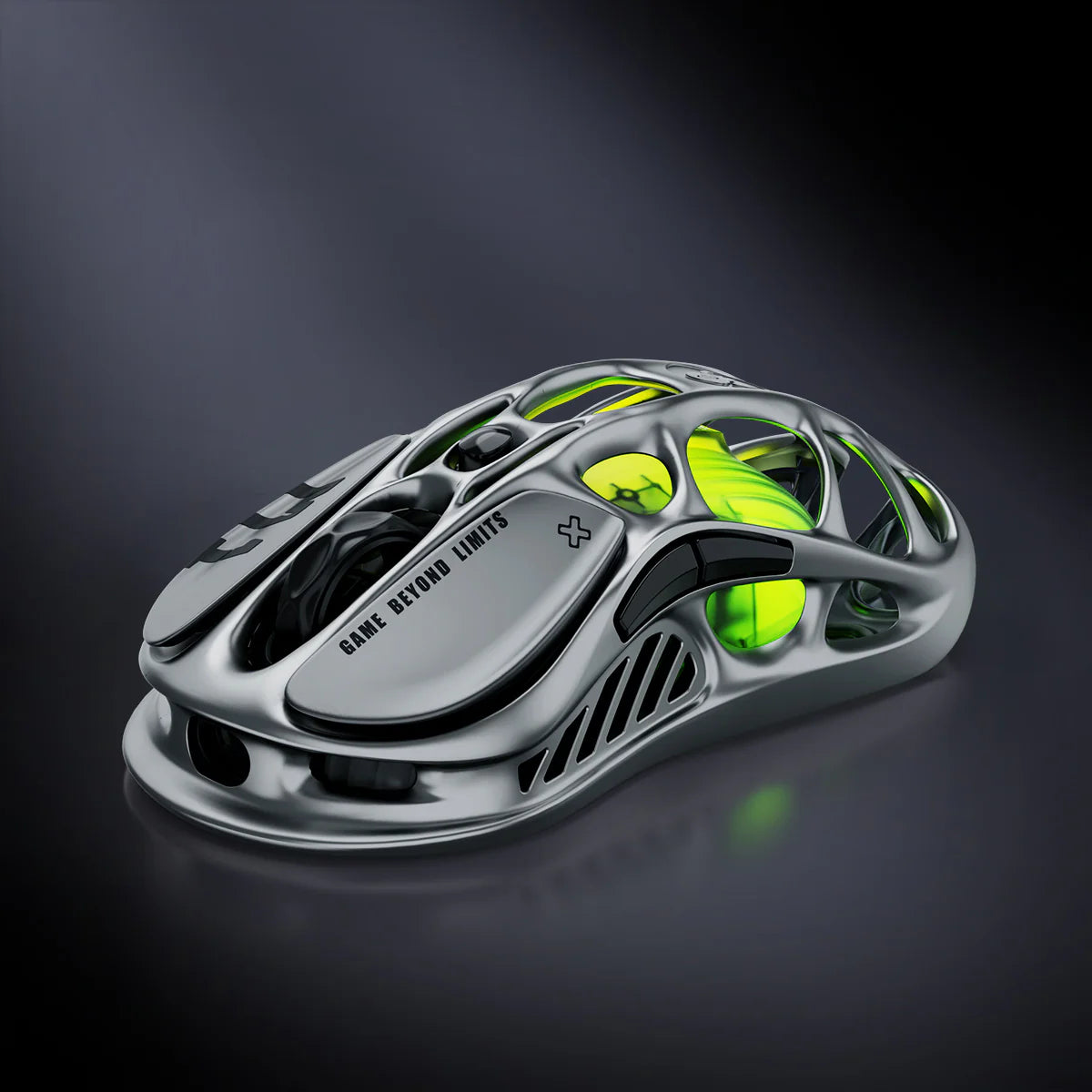 GravaStar Mercury M1 Pro Gunmetal Gray wireless gaming mouse featuring magnesium alloy skeletal frame, PAW3395 26K DPI sensor, Omron 50M micro-switches, 4KHz polling rate ready, and RGB lighting, perfect paired with Mercury K1 Pro keyboard and Mars Pro Black speaker.