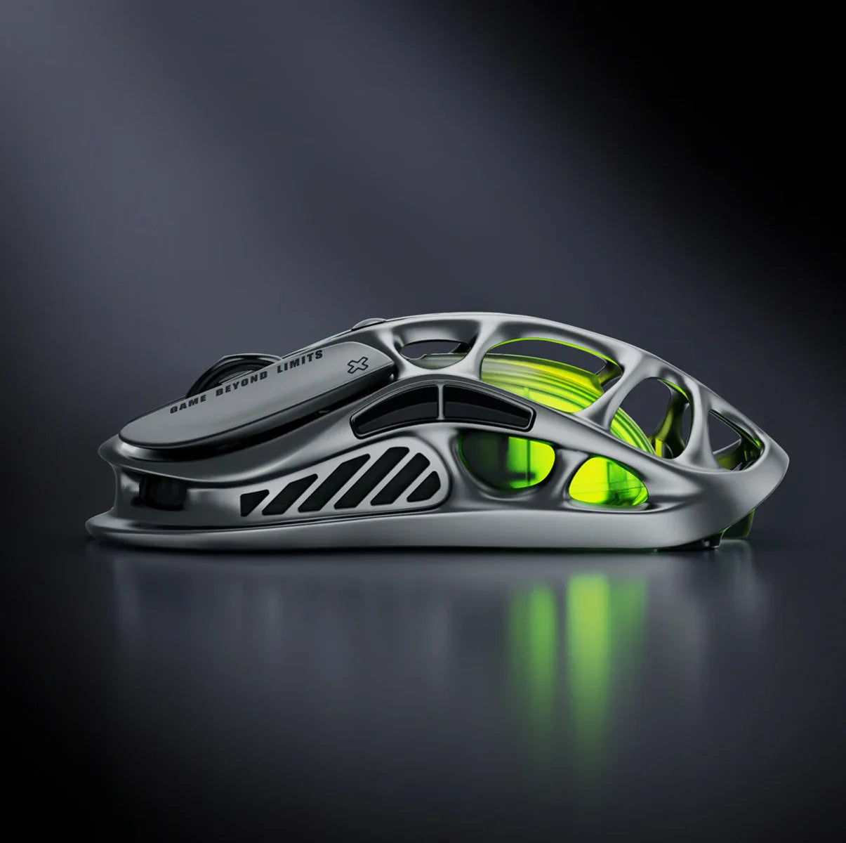 GravaStar Mercury M1 Pro Gunmetal Gray wireless gaming mouse side profile view – Highlighting magnesium alloy skeletal frame, PAW3395 26K DPI sensor, Omron 50M micro-switches, 4KHz polling rate ready, and tactical RGB lighting, perfect paired with Mercury K1 Pro keyboard and Mars Pro Black speaker.