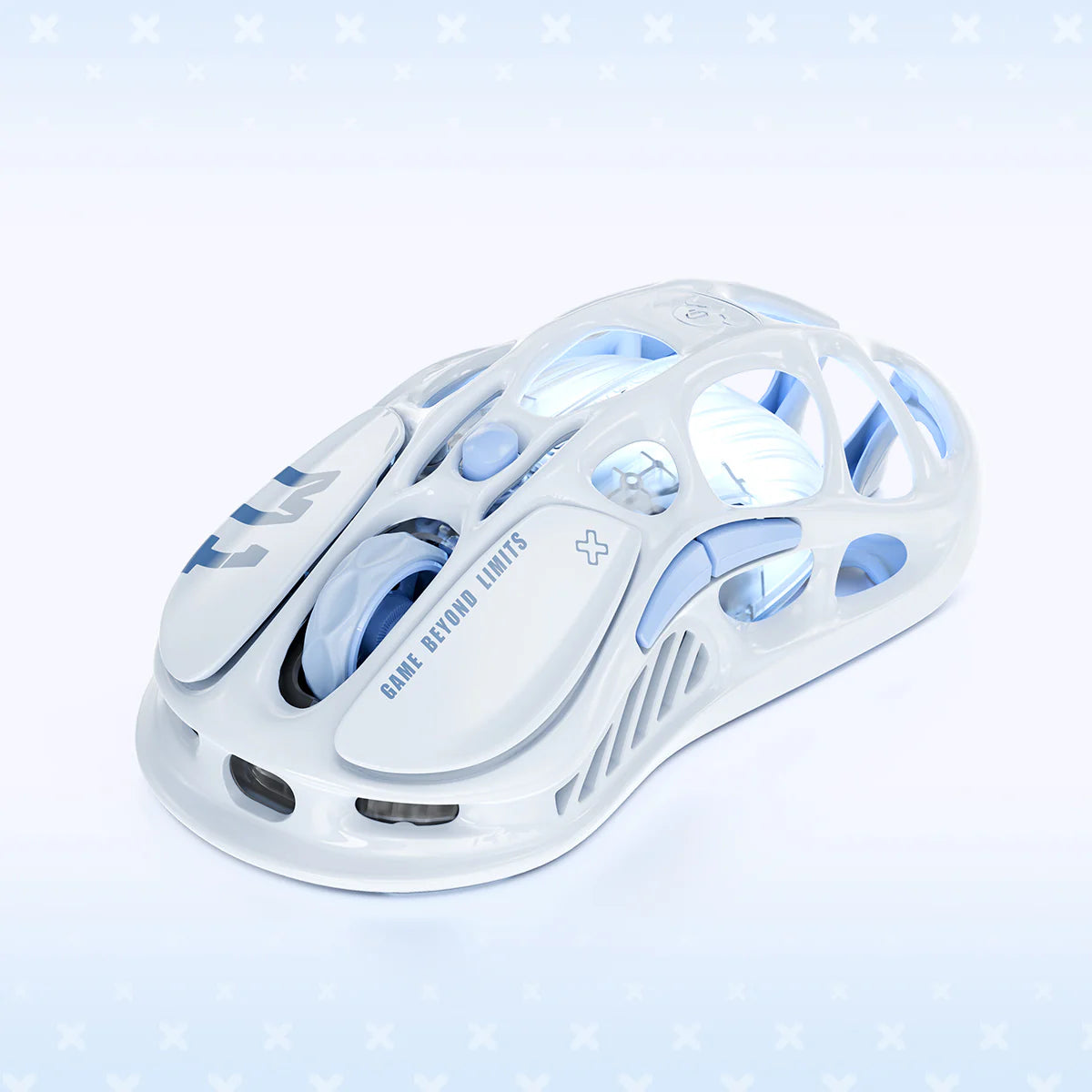 GravaStar Mercury M1 Pro Special Edition Ice Blue wireless gaming mouse left front view featuring 88g magnesium alloy skeletal frame, PAW3395 26K DPI sensor, 4KHz polling rate support, and ice blue RGB lighting, perfect paired with Mercury K1 Ice Blue keyboard and Supernova White speaker.