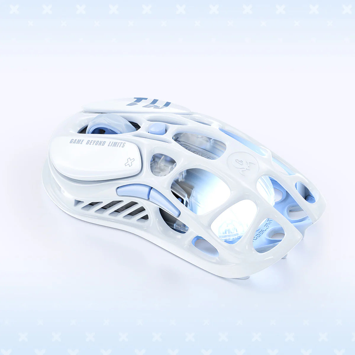 GravaStar Mercury M1 Pro Special Edition Ice Blue wireless gaming mouse macro left front view featuring 88g magnesium alloy skeletal frame, PAW3395 26K DPI sensor, 4KHz polling rate support, and ice blue RGB lighting, perfect paired with Mercury K1 Ice Blue keyboard and Supernova White speaker.