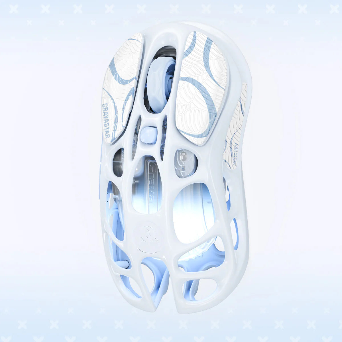 GravaStar Mercury M1 Pro Special Edition Ice Blue wireless gaming mouse top vertical view featuring 88g magnesium alloy skeletal frame, PAW3395 26K DPI sensor, 4KHz polling rate support, and ice blue RGB lighting, perfect paired with Mercury K1 Ice Blue keyboard and Supernova White speaker.