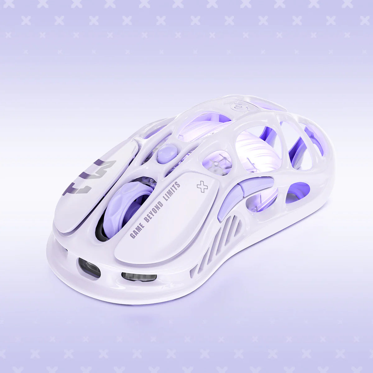GravaStar Mercury M1 Pro Special Edition Lavender Purple wireless gaming mouse left front view featuring 88g magnesium alloy skeletal frame, PAW3395 26K DPI sensor, 4KHz polling rate support, and lavender purple RGB lighting, perfect paired with Mercury K1 Lavender Purple keyboard and Supernova speaker.