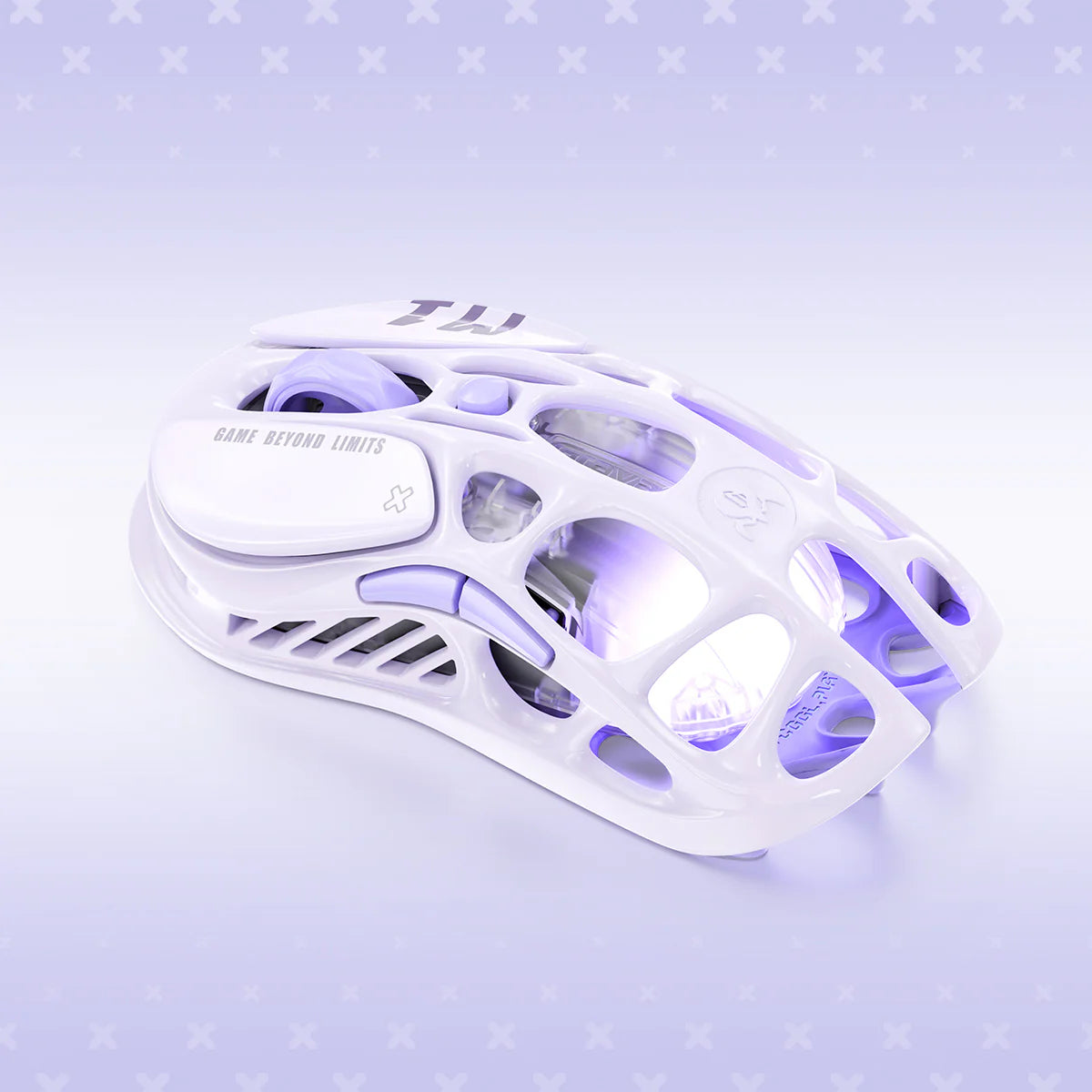 GravaStar Mercury M1 Pro Special Edition Lavender Purple wireless gaming mouse macro left front view featuring 88g magnesium alloy skeletal frame, PAW3395 26K DPI sensor, 4KHz polling rate support, and lavender purple RGB lighting, perfect paired with Mercury K1 Lavender Purple keyboard and Supernova speaker.