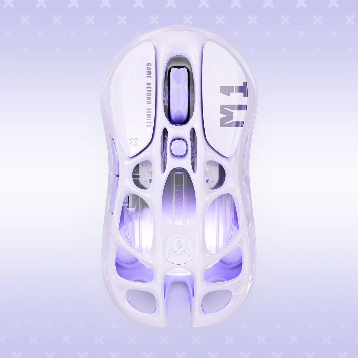 GravaStar Mercury M1 Pro Special Edition Lavender Purple wireless gaming mouse top vertical view featuring 88g magnesium alloy skeletal frame, PAW3395 26K DPI sensor, 4KHz polling rate support, and lavender purple RGB lighting, perfect paired with Mercury K1 Lavender Purple keyboard and Supernova speaker.