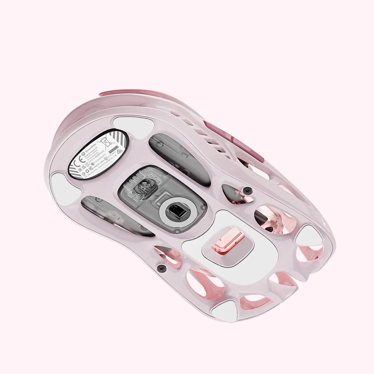 GravaStar Mercury M1 Pro Special Edition Sakura Pink wireless gaming mouse bottom profile close-up view featuring PAW3395 26K DPI sensor, tri-mode toggle switch, pink Teflon feet pads, 4KHz polling rate support, and pink RGB lighting, perfect paired with Mercury K1 Sakura Pink keyboard and Supernova speaker.