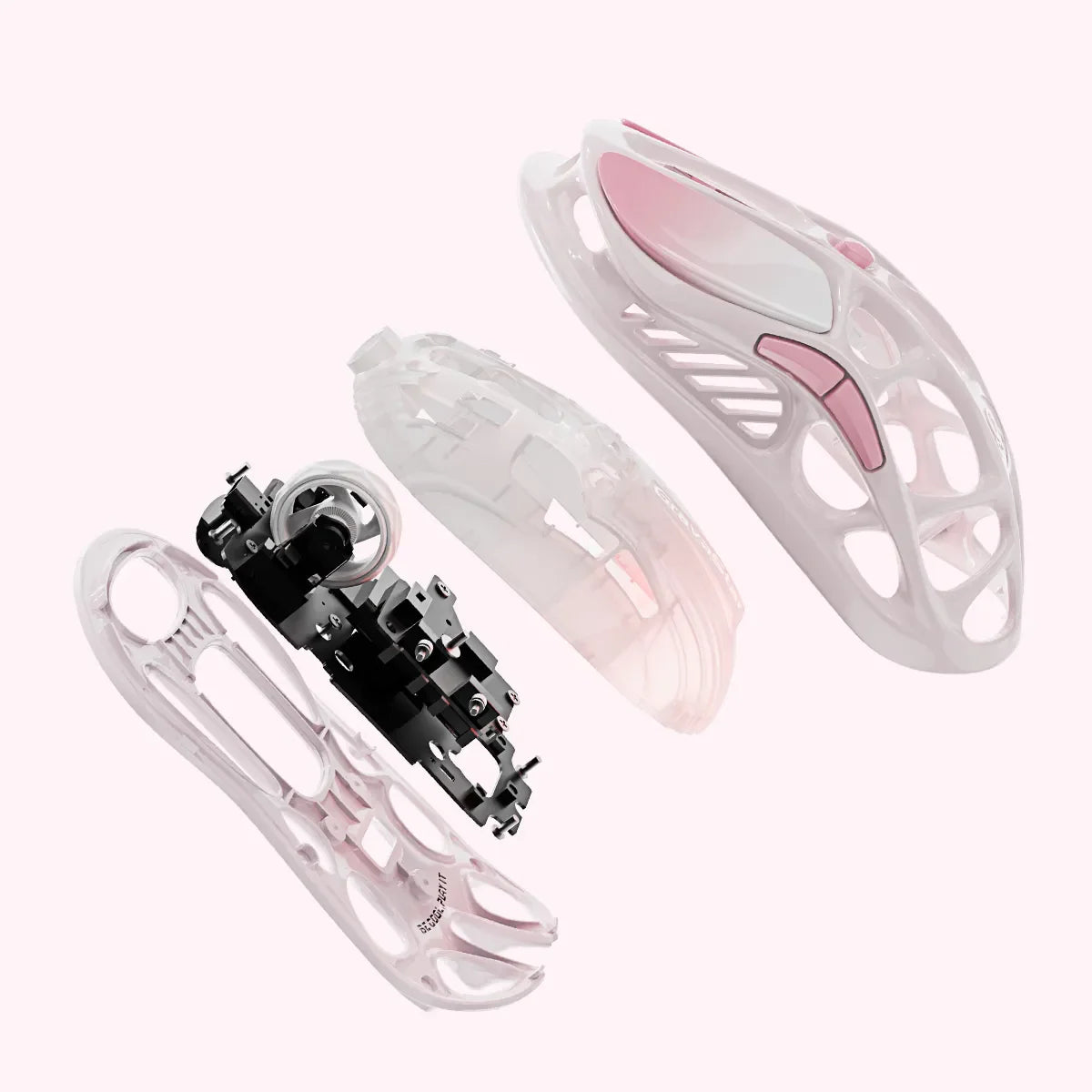 GravaStar Mercury M1 Pro Special Edition Sakura Pink wireless gaming mouse exploded view showing 88g magnesium alloy skeletal frame, PAW3395 26K DPI sensor, internal PCB architecture, 4KHz polling rate support, and pink RGB lighting, perfect paired with Mercury K1 Sakura Pink keyboard and Supernova speaker.