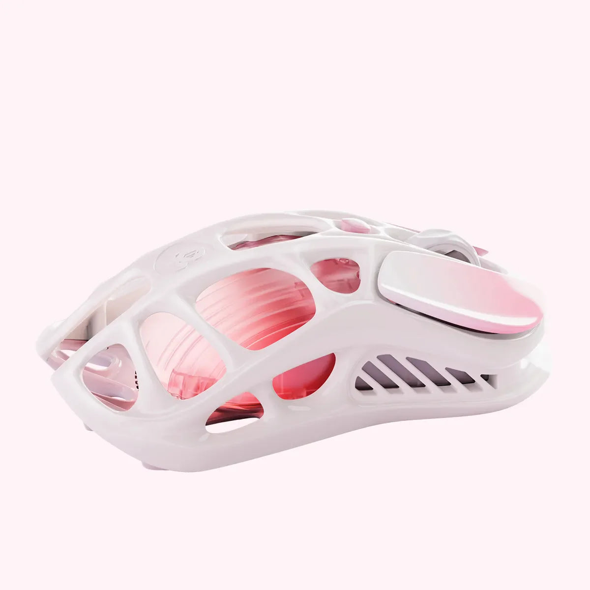 GravaStar Mercury M1 Pro Special Edition Sakura Pink wireless gaming mouse right side profile view featuring 88g magnesium alloy skeletal frame, PAW3395 26K DPI sensor, 4KHz polling rate support, and pink RGB lighting, perfect paired with Mercury K1 Sakura Pink keyboard and Supernova speaker.