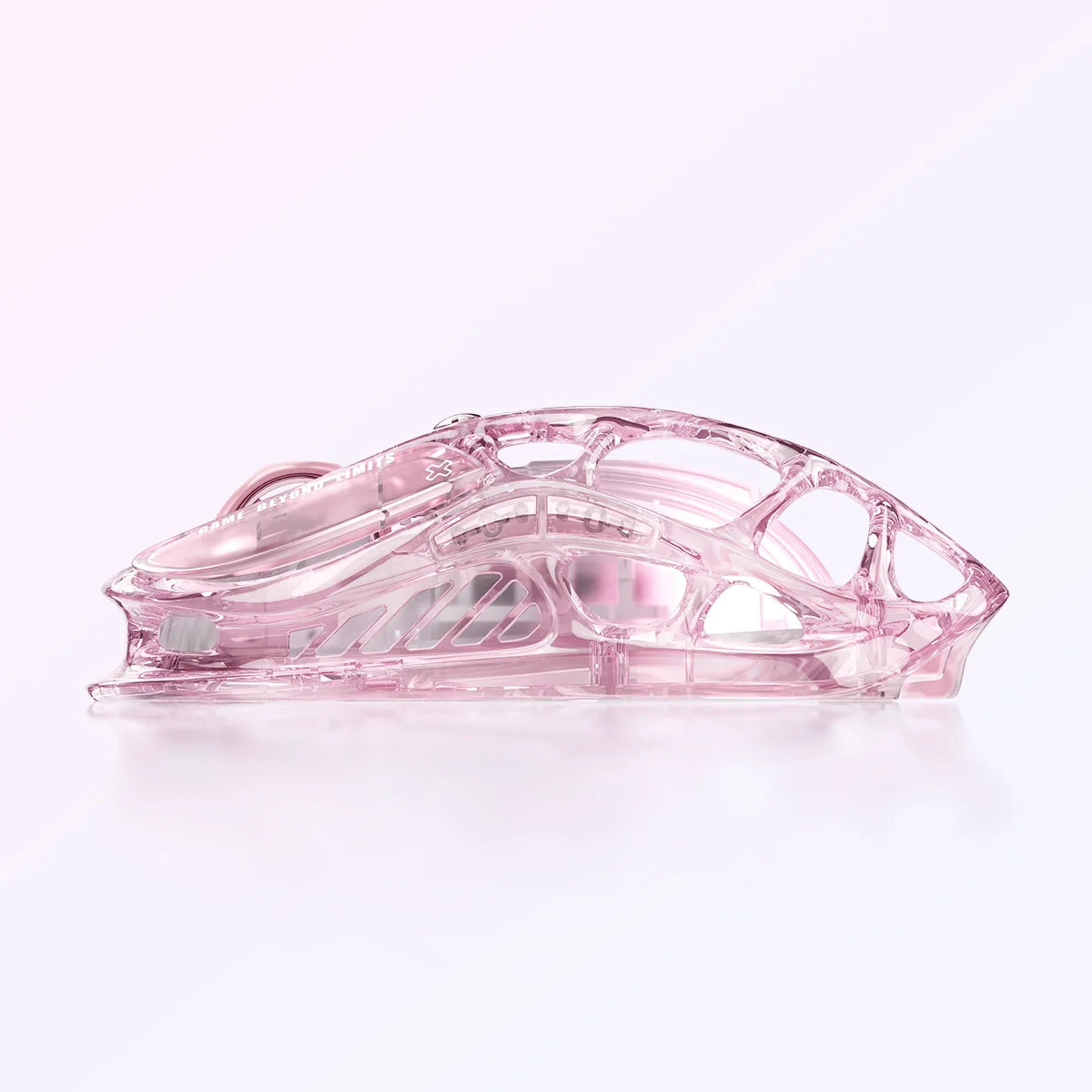 GravaStar Mercury M2 Crystal Rose 2024 Red Dot Award winner translucent wireless gaming mouse side view featuring 88g skeletal frame, PAW3395 26K DPI sensor, 1000Hz polling rate, and RGB lighting, perfect paired with Mercury V60 Crystal Rose keyboard and Supernova speaker.
