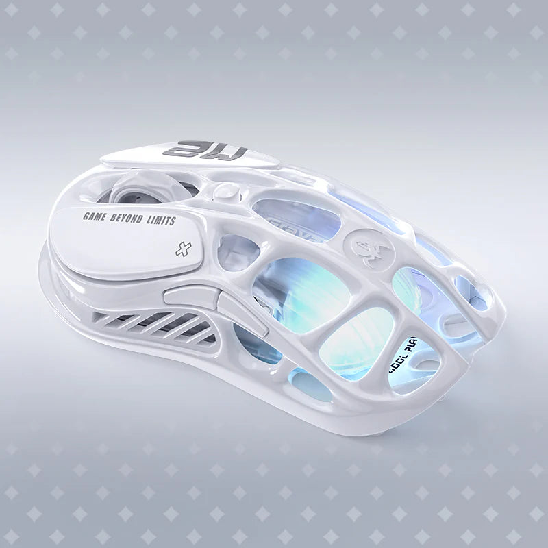GravaStar Mercury M2 Opaline White 2024 Red Dot Award winner wireless gaming mouse right front view featuring 88g skeletal frame, PAW3395 26K DPI sensor, 1000Hz polling rate, and RGB lighting, perfect paired with Mercury K1 Opaline White keyboard and Supernova White speaker.