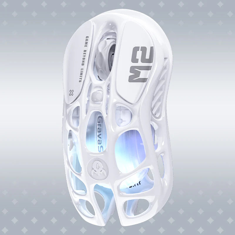 GravaStar Mercury M2 Opaline White 2024 Red Dot Award winner wireless gaming mouse top vertical view featuring 88g skeletal frame, PAW3395 26K DPI sensor, 1000Hz polling rate, and RGB lighting, perfect paired with Mercury K1 Opaline White keyboard and Supernova White speaker.