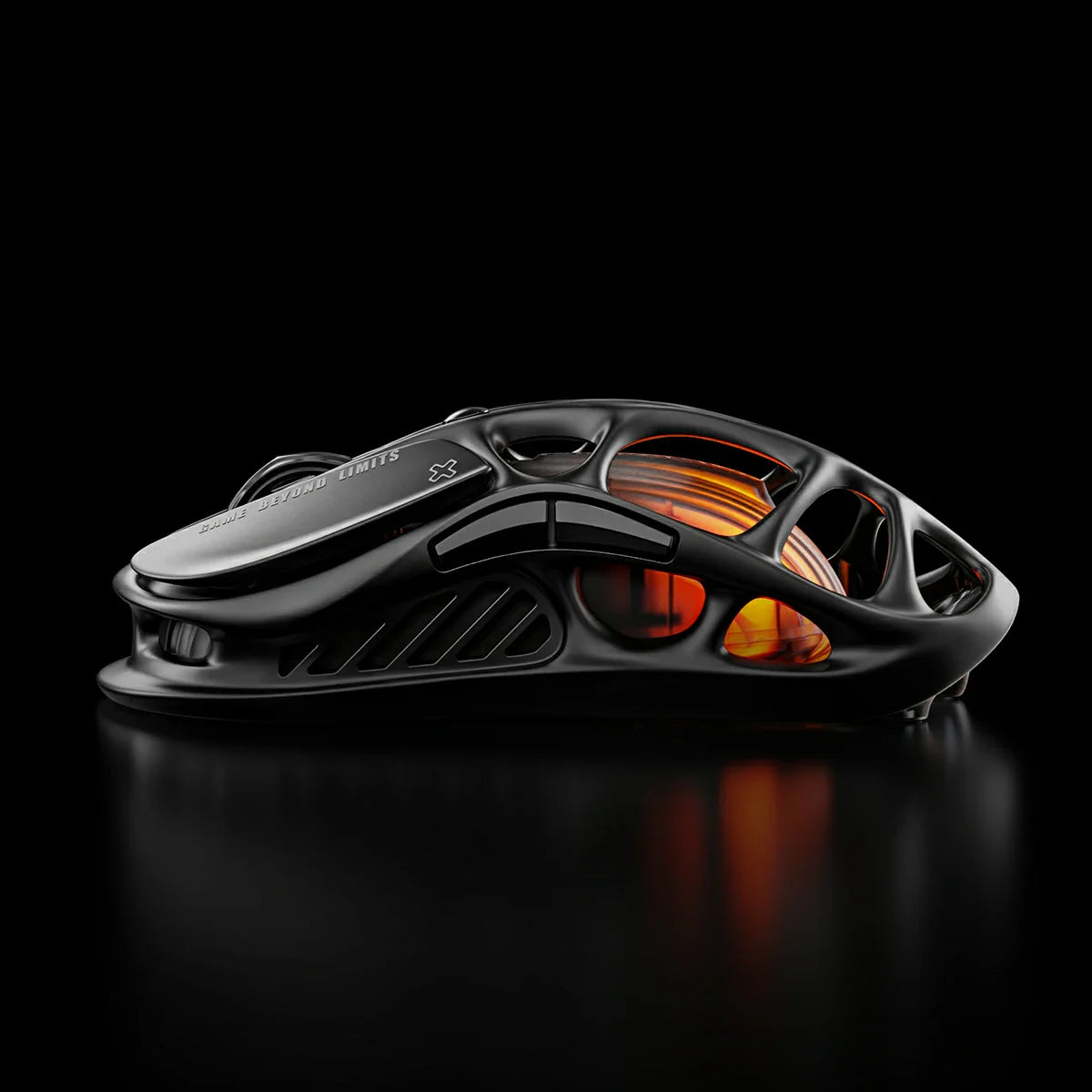 GravaStar Mercury M2 Stealth Black wireless gaming mouse side profile view – Highlighting hollow skeletal frame, PAW3395 26K DPI sensor, Kailh 80M micro-switches, and amber RGB lighting, perfect paired with Mercury K1 Stealth Black keyboard and Mars Pro Black speaker.
