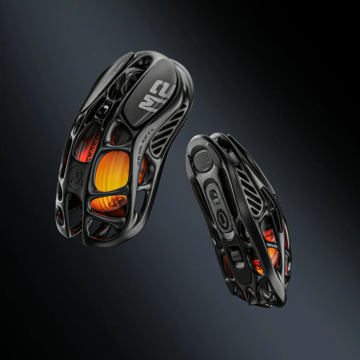 GravaStar Mercury M2 Stealth Black wireless gaming mouse top and bottom view – Highlighting hollow skeletal frame, PAW3395 sensor, tri-mode toggle, Kailh 80M micro-switches, and RGB lighting, perfect paired with Mercury K1 Stealth Black keyboard and Mars Pro Black speaker.