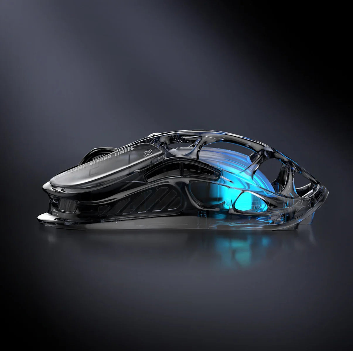 GravaStar Mercury M2 Transparent Black wireless gaming mouse side profile view – Highlighting see-through crystal housing, skeletal frame design, PAW3395 26K DPI sensor, Kailh 80M micro-switches, and ice blue RGB lighting, perfect paired with Mercury K1 Lite Transparent Black keyboard and Mars Pro Black speaker.
