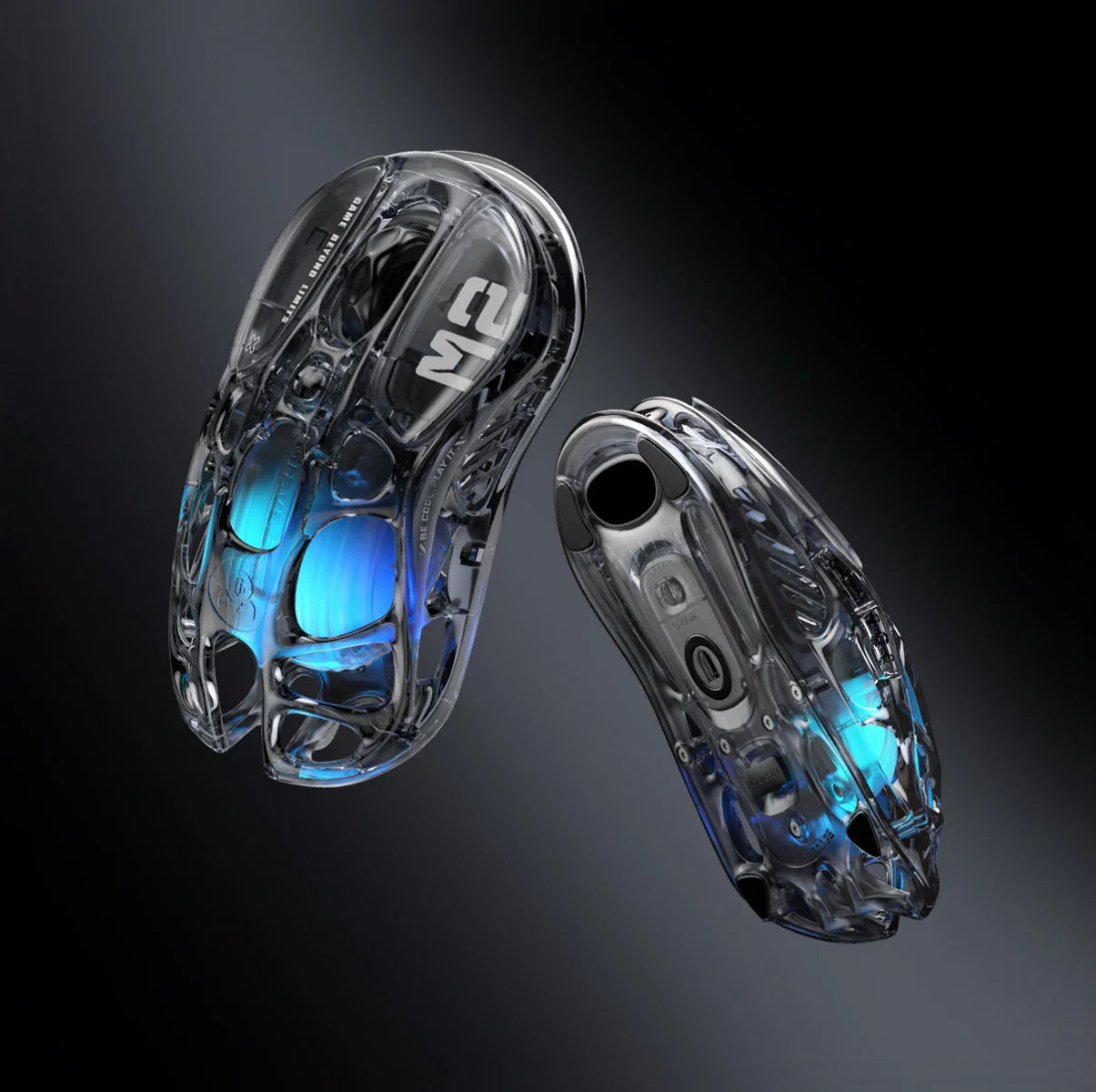 GravaStar Mercury M2 Transparent Black wireless gaming mouse top and bottom view – Highlighting see-through crystal housing, skeletal frame design, PAW3395 26K DPI sensor, Kailh 80M micro-switches, and blue RGB lighting, perfect paired with Mercury K1 Lite Transparent Black keyboard and Mars Pro Black speaker.
