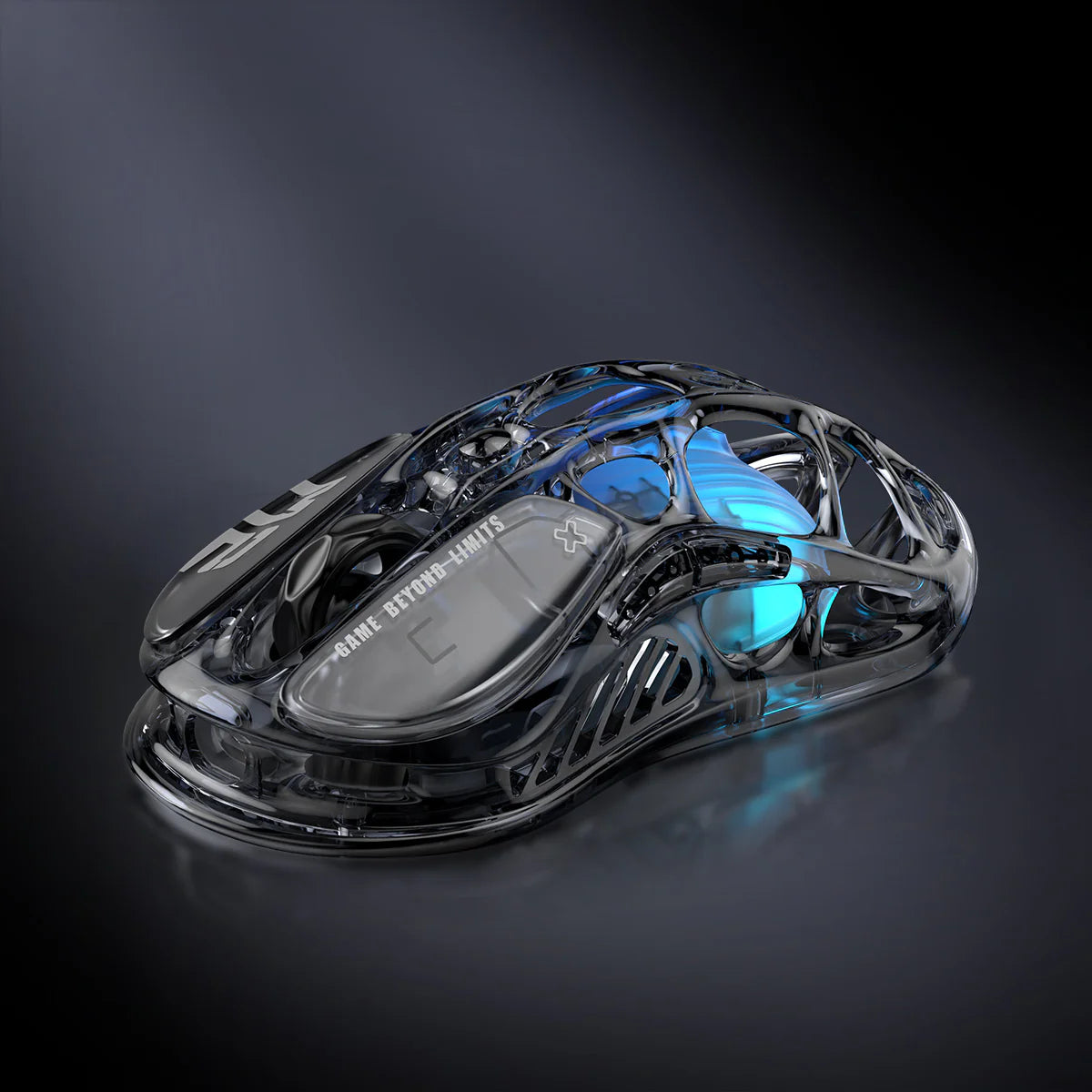 GravaStar Mercury M2 Transparent Black wireless gaming mouse featuring see-through crystal housing, skeletal frame design, PAW3395 26K DPI sensor, Kailh 80M micro-switches, and blue RGB lighting, perfect paired with Mercury K1 Lite Transparent Black keyboard and Mars Pro Black speaker.