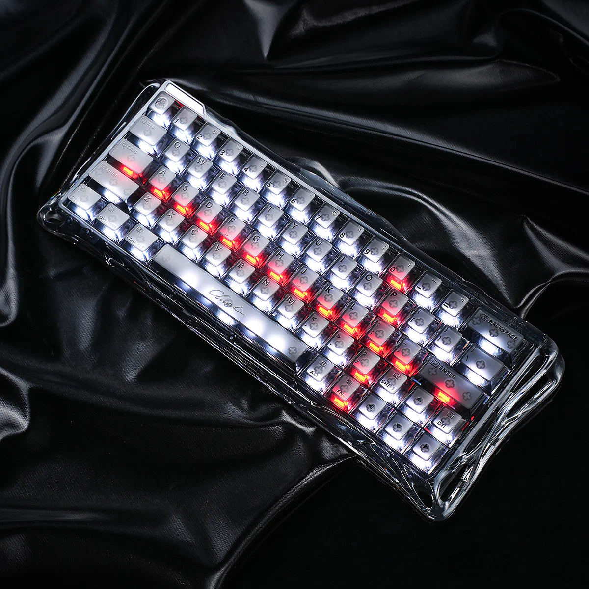 GravaStar Mercury V60 Onyx Crystal 60% transparent magnetic gaming keyboard macro close-up – Showcasing hot-swappable PCB, GravaStar UFO magnetic Hall Effect switches, switch puller tool, and translucent PC keycap removal for rapid trigger response.