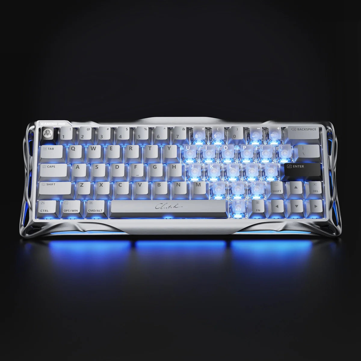 GravaStar Mercury V60 Pro Deluxe Edition – Dual Keycap Gift Box Set - Top-down view of the Chrome Silver edition featuring ice blue RGB backlighting, True 8kHz polling rate, UFO magnetic switches, and 0.125ms latency for FPS esports.