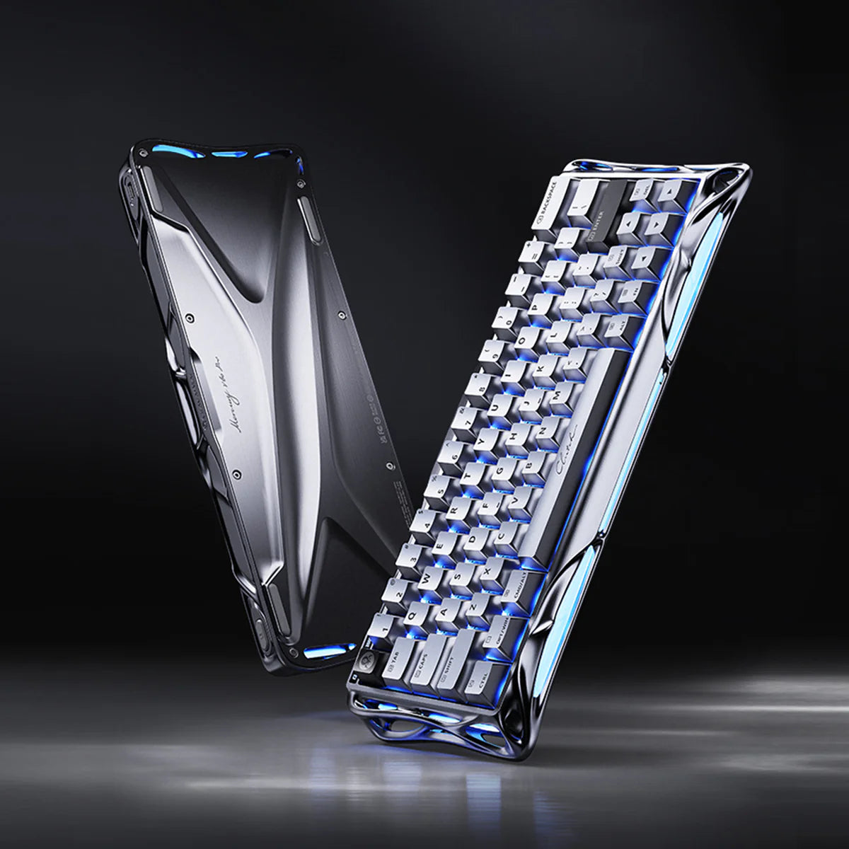 GravaStar Mercury V60 Pro Deluxe Edition – Dual Keycap Gift Box Set - Standing dual view of Chrome Silver edition showcasing the front RGB layout and aluminum back chassis, equipped with True 8kHz polling rate, UFO magnetic switches, and 0.125ms latency for FPS esports.