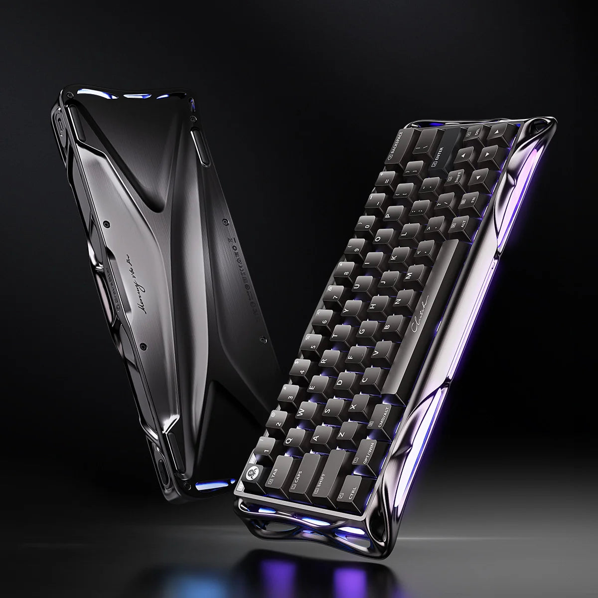GravaStar Mercury V60 Pro Deluxe Edition – Dual Keycap Gift Box Set - Standing dual view of GunMetal edition showcasing the premium aluminum back chassis and front layout with RGB lighting, equipped with True 8kHz polling rate, UFO magnetic switches, and 0.125ms latency for FPS esports.
