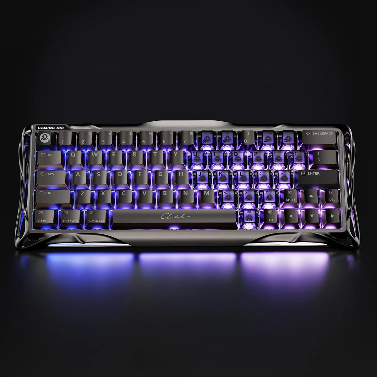 GravaStar Mercury V60 Pro Deluxe Edition – Dual Keycap Gift Box Set - Top-down view of the 60% compact keyboard featuring vibrant purple RGB backlighting, metallic futuristic frame, True 8kHz polling rate, and 0.125ms latency for FPS esports.