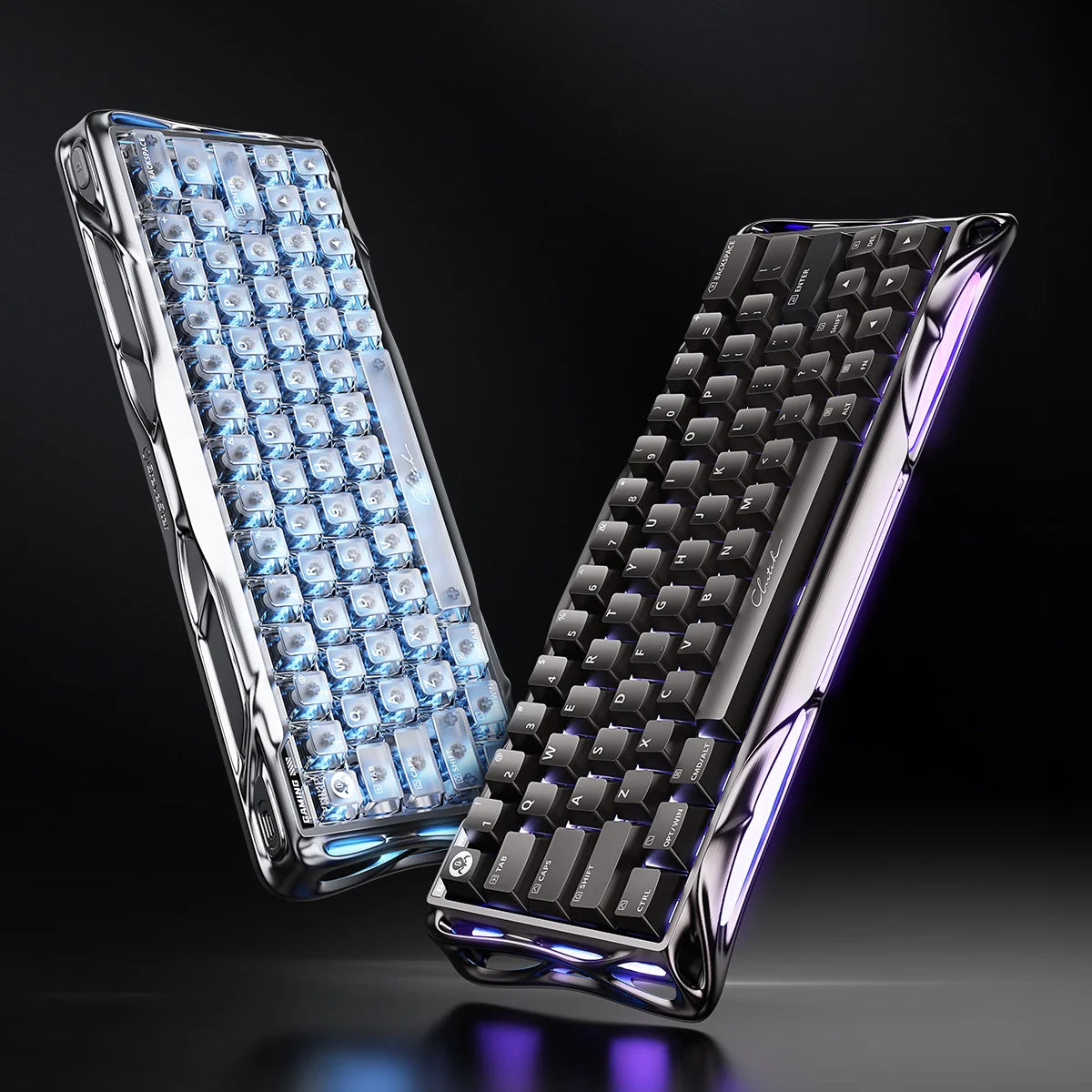 GravaStar Mercury V60 Pro Deluxe Edition – Dual Keycap Gift Box Set - Standing V-shape display of the 60% compact keyboards, showcasing transparent keycaps with RGB lighting and the premium aluminum chassis, equipped with True 8kHz polling rate, UFO magnetic switches, and 0.125ms latency for competitive FPS esports.