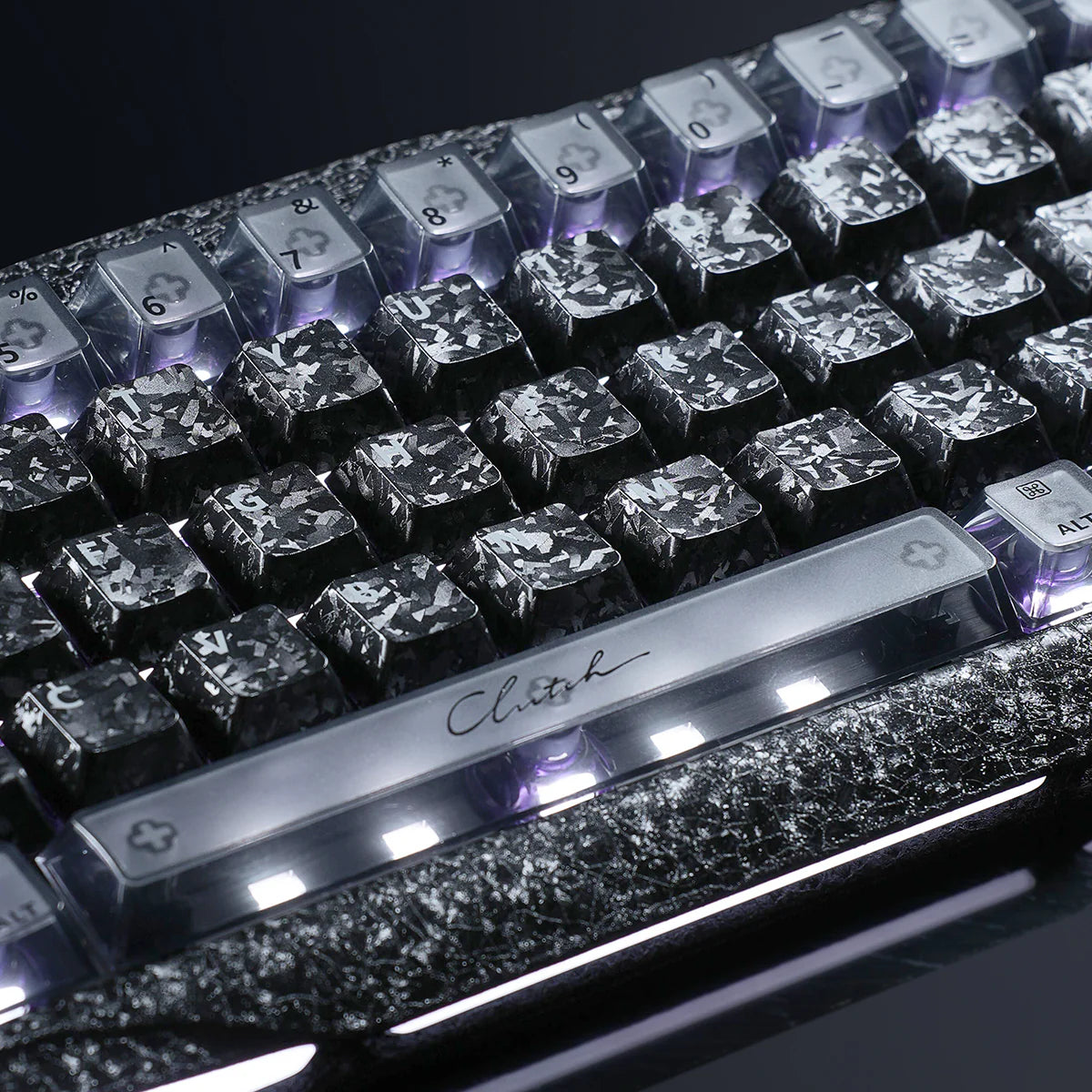 GravaStar Mercury V60 Pro Special Edition Cyber Frost Black - Close-up view of the keycaps featuring custom forged carbon texture spacebar with Clutch logo and white RGB backlighting, equipped with True 8kHz polling rate and UFO magnetic switches for FPS esports.