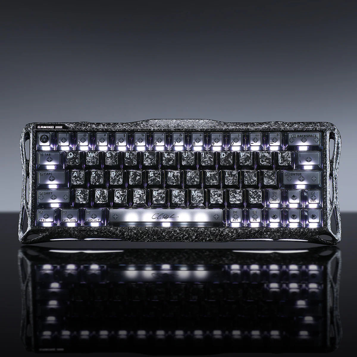 GravaStar Mercury V60 Pro Special Edition Cyber Frost Black - Front view of the 60% compact aluminum gaming keyboard with translucent keycaps and ice blue RGB backlighting, featuring True 8kHz polling rate, UFO magnetic switches, and 0.125ms latency for FPS esports.