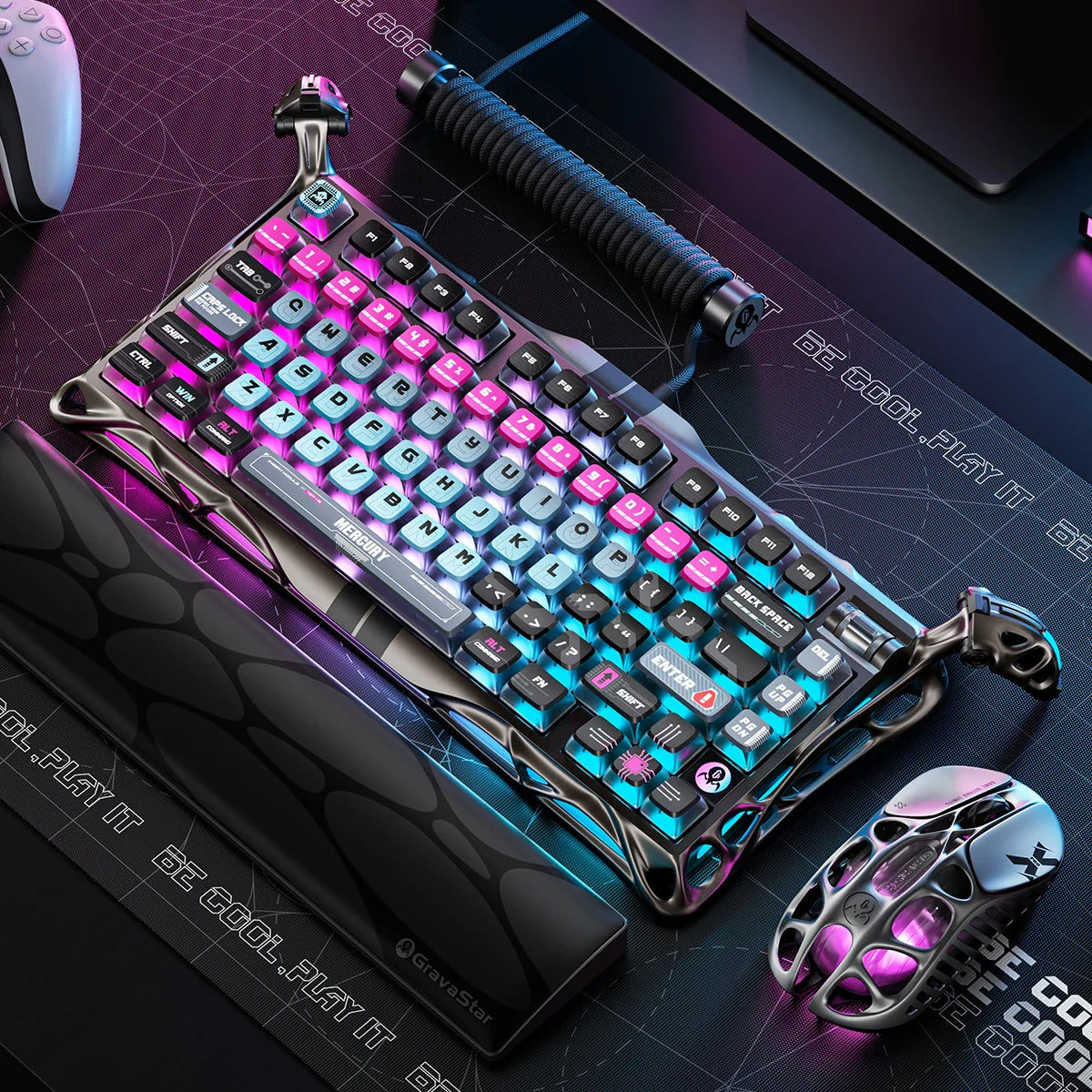 GravaStar Mercury V75 Pro Cyberpunk Edition 75% gaming keyboard set up on a desk with coiled aviator USB cable, Mercury M1 Pro gaming mouse, keyboard wrist rest, and South-facing RGB lighting.