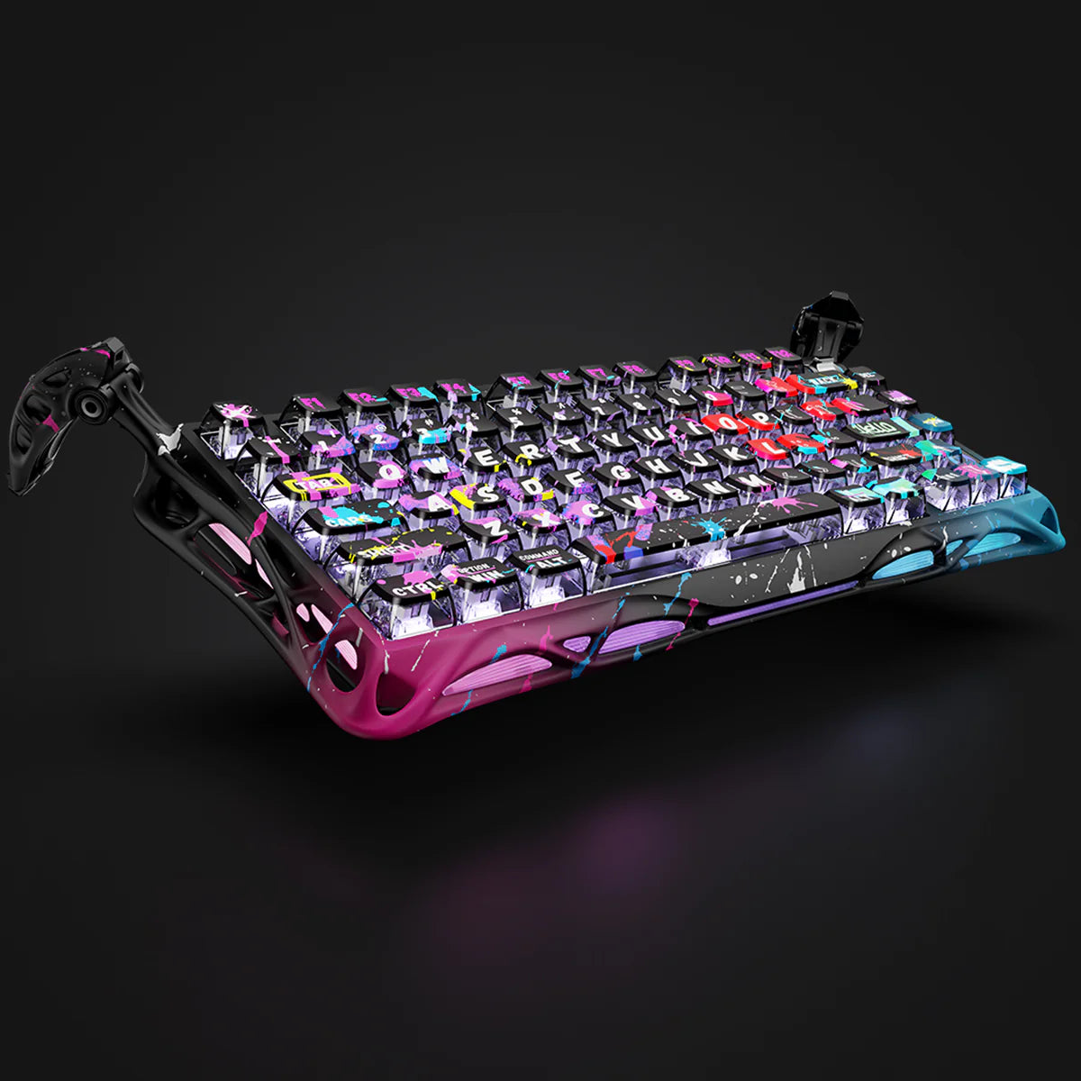 GravaStar Mercury V75 Pro Special Edition Neon Graffiti 75% gaming keyboard – Side view showing neon graffiti aluminum construction frame, South-facing RGB lighting, GravaStar UFO Hall Effect magnetic switches, True 8kHz polling rate, and 0.125ms latency.