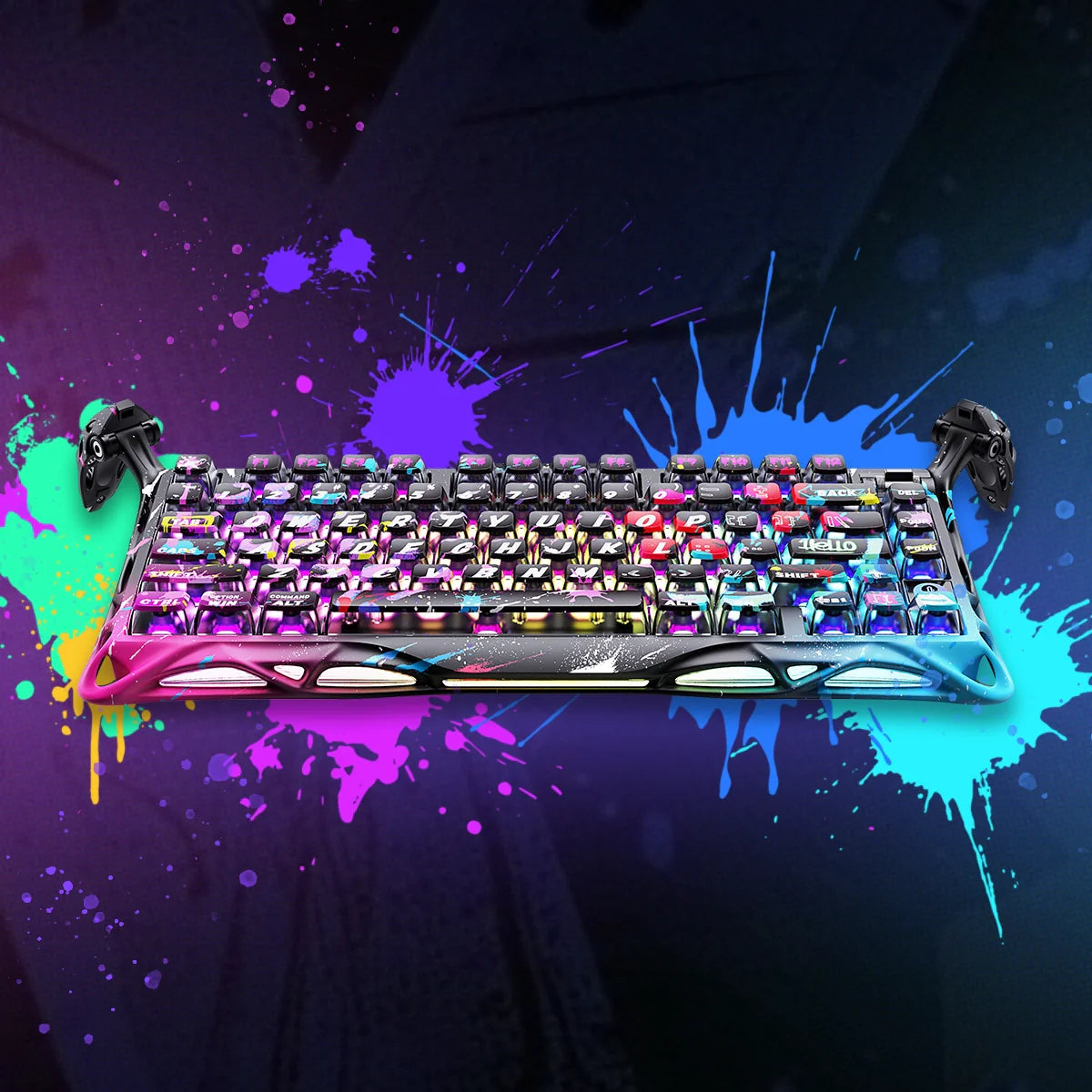GravaStar Mercury V75 Pro Special Edition Neon Graffiti 75% gaming keyboard – Featuring GravaStar UFO Hall Effect magnetic switches, True 8kHz polling rate, 0.125ms latency, aluminum construction, South-facing RGB backlighting, and gasket mount.