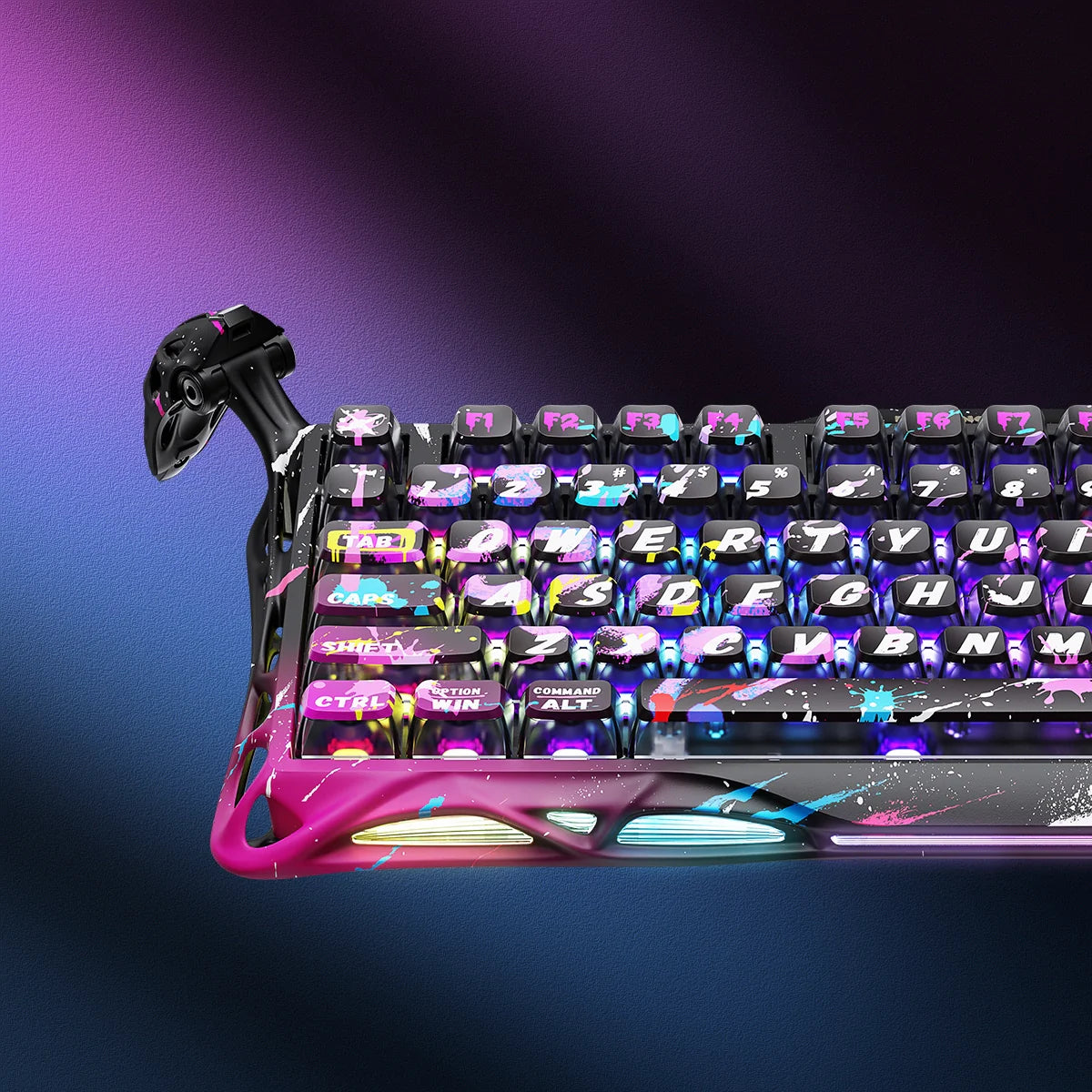 GravaStar Mercury V75 Pro Special Edition Neon Graffiti 75% gaming keyboard – Close-up view showing custom street art graffiti keycaps, aluminum construction, GravaStar UFO Hall Effect magnetic switches, and South-facing RGB backlighting.