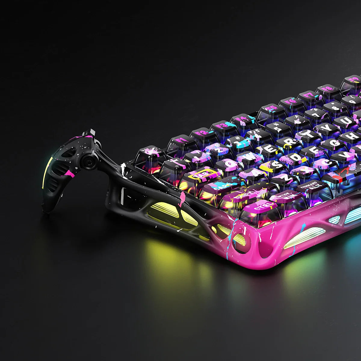 GravaStar Mercury V75 Pro Special Edition Neon Graffiti 75% gaming keyboard – Close-up view of vibrant aluminum construction chassis, South-facing RGB lighting, custom street art keycaps, and GravaStar UFO Hall Effect magnetic switches.
