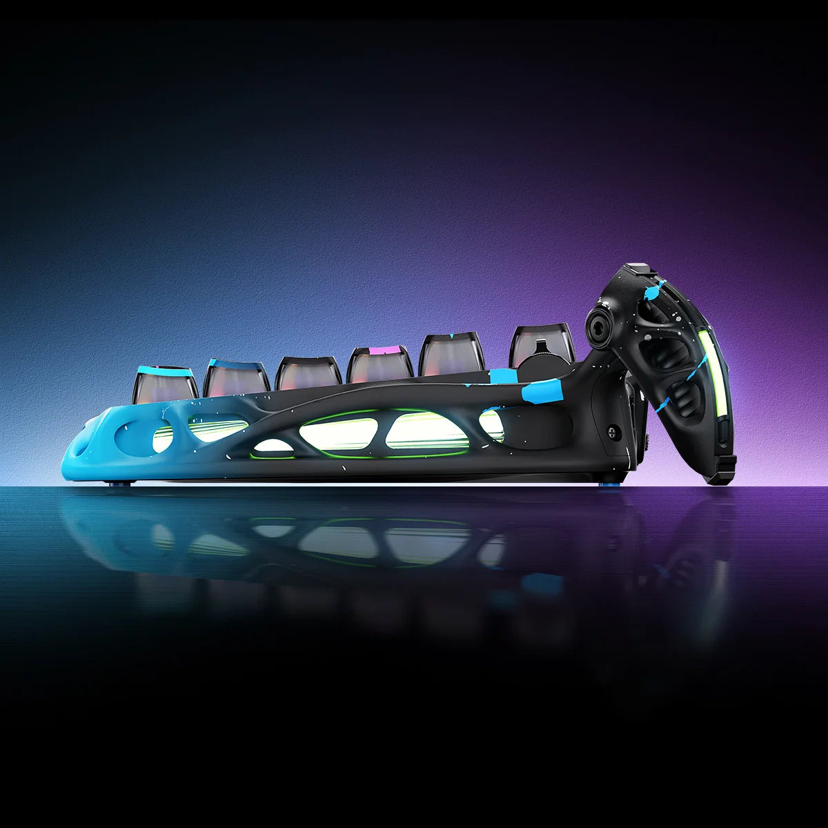 GravaStar Mercury V75 Pro Special Edition Neon Graffiti 75% gaming keyboard – Side profile view showing aluminum construction frame, customizable ambient side lights, South-facing RGB lighting, and GravaStar UFO Hall Effect magnetic switches.